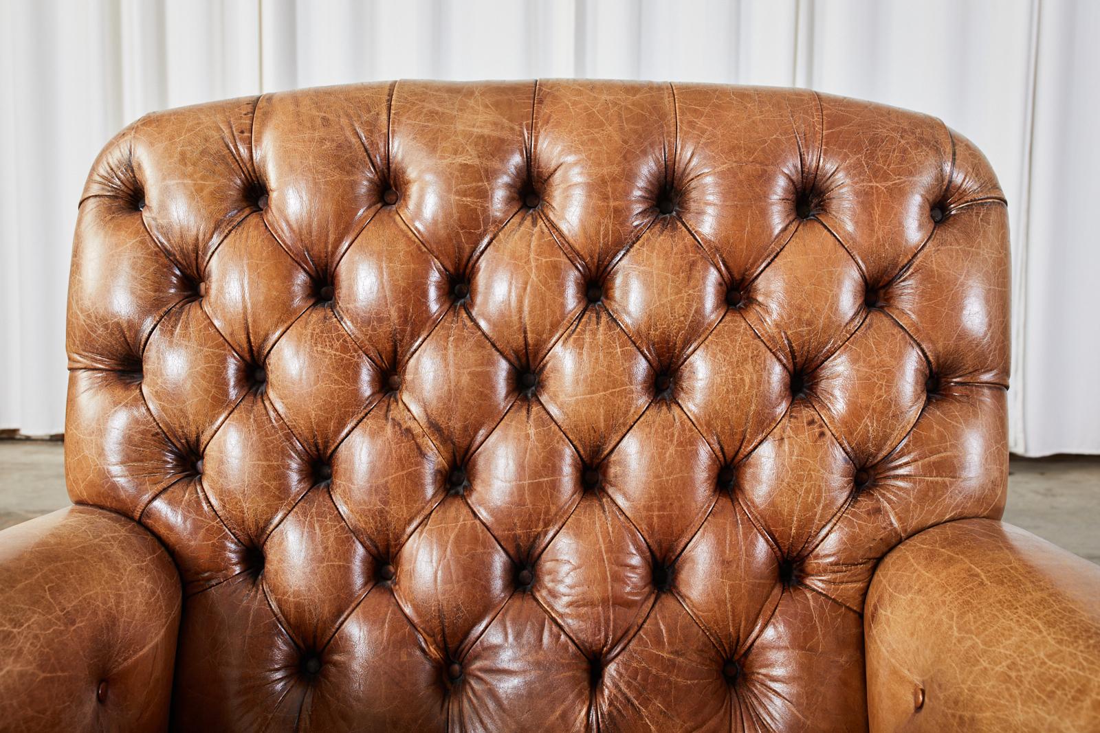 19th Century Grand Pair of English Georgian Style Cigar Leather Library Chairs