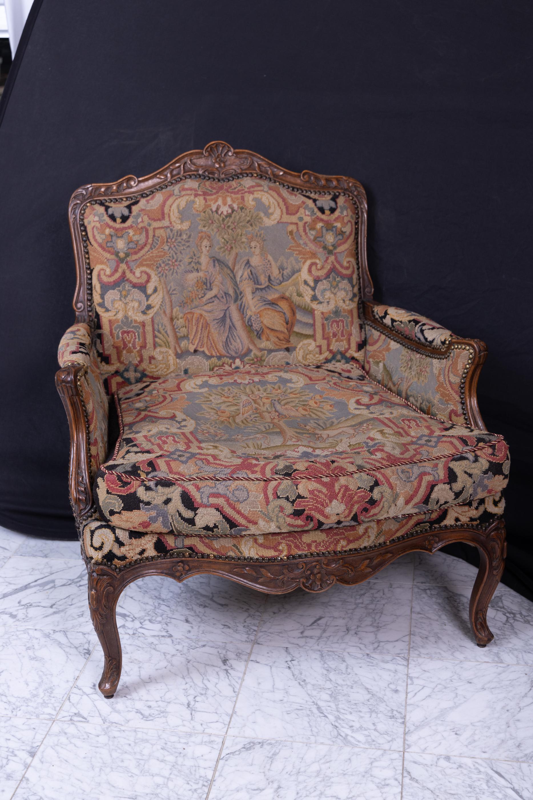 Grand Pair of French 18th Century Louis XV Walnut Bergeres, Original Upholstery For Sale 6