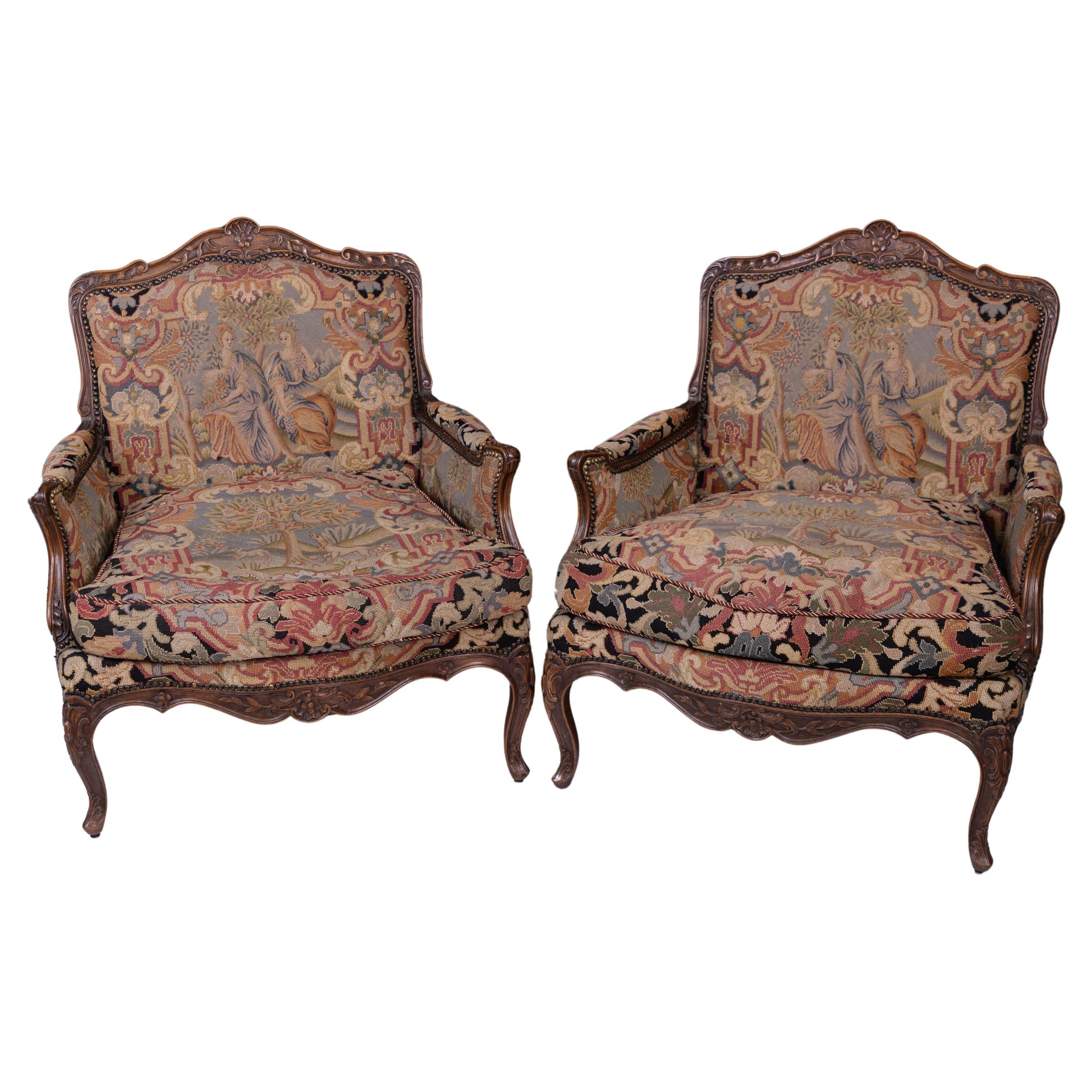 Grand Pair of French 18th Century Louis XV Walnut Bergeres, Original Upholstery For Sale