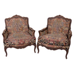 Grand Pair of French 18th Century Louis XV Walnut Bergeres, Original Upholstery