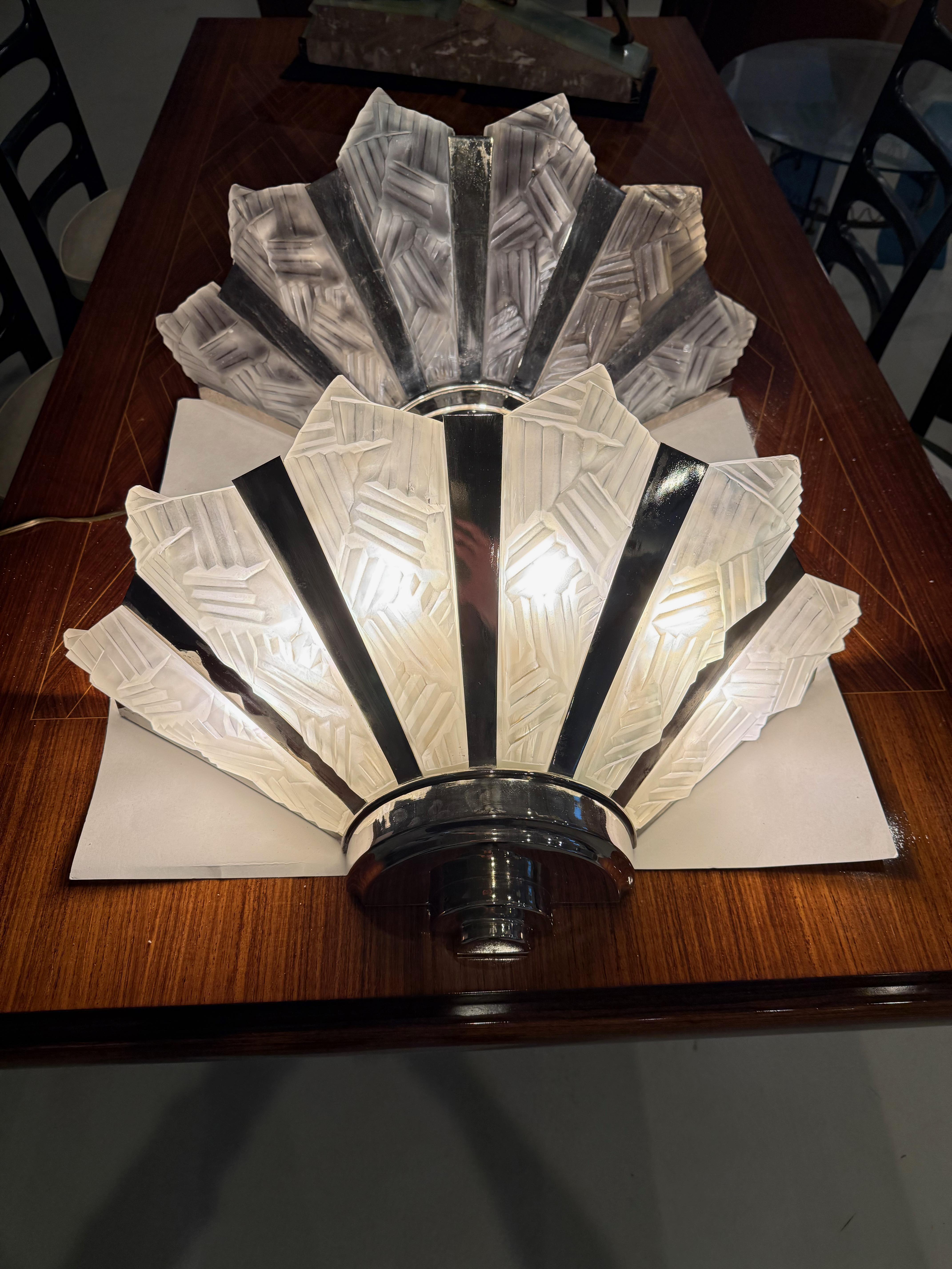 Grand Pair of French Art Deco Geometric Wall Sconces by Degue For Sale 5