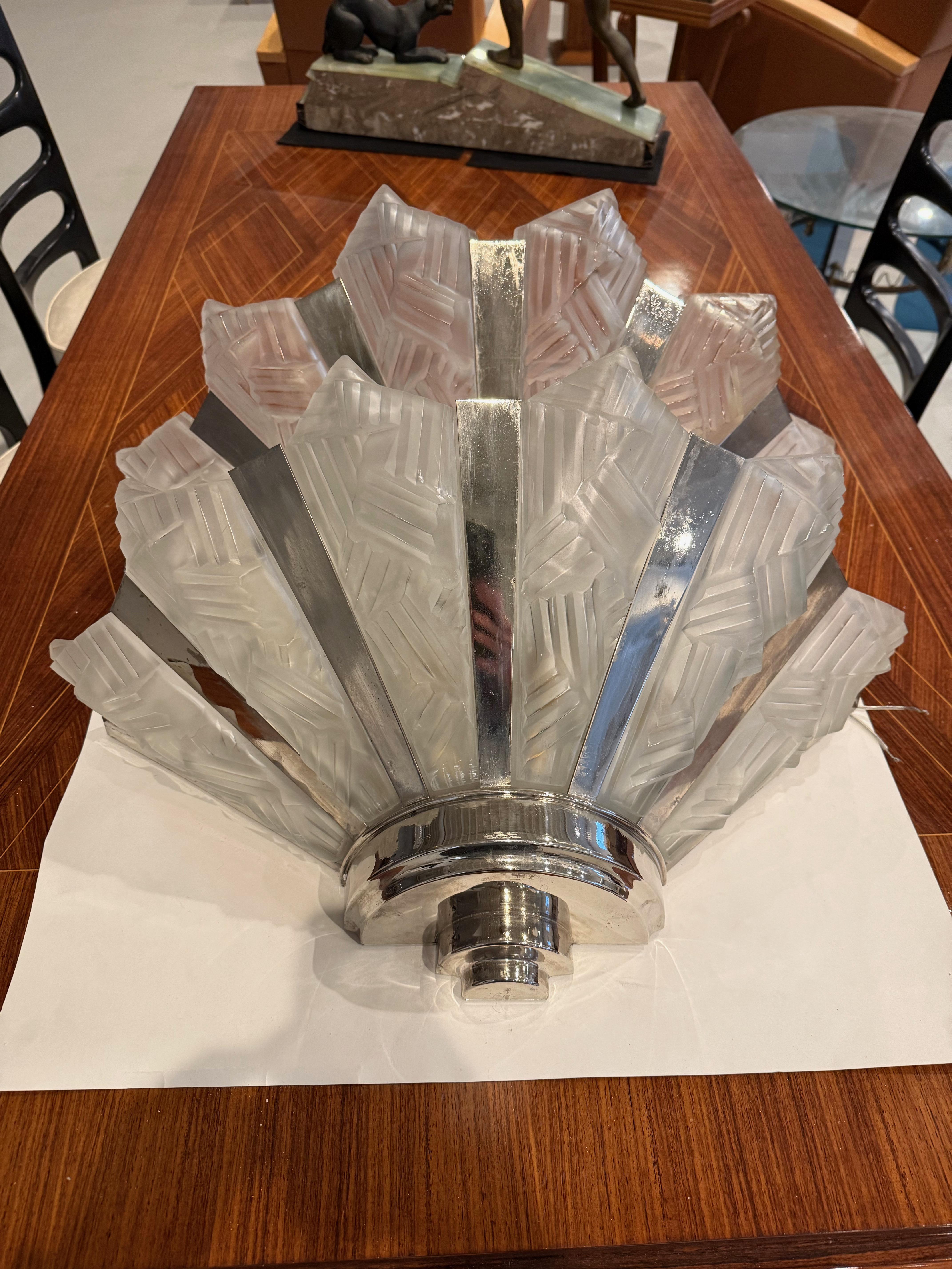 Grand Pair of French Art Deco Geometric Wall Sconces by Degue In Good Condition For Sale In North Bergen, NJ