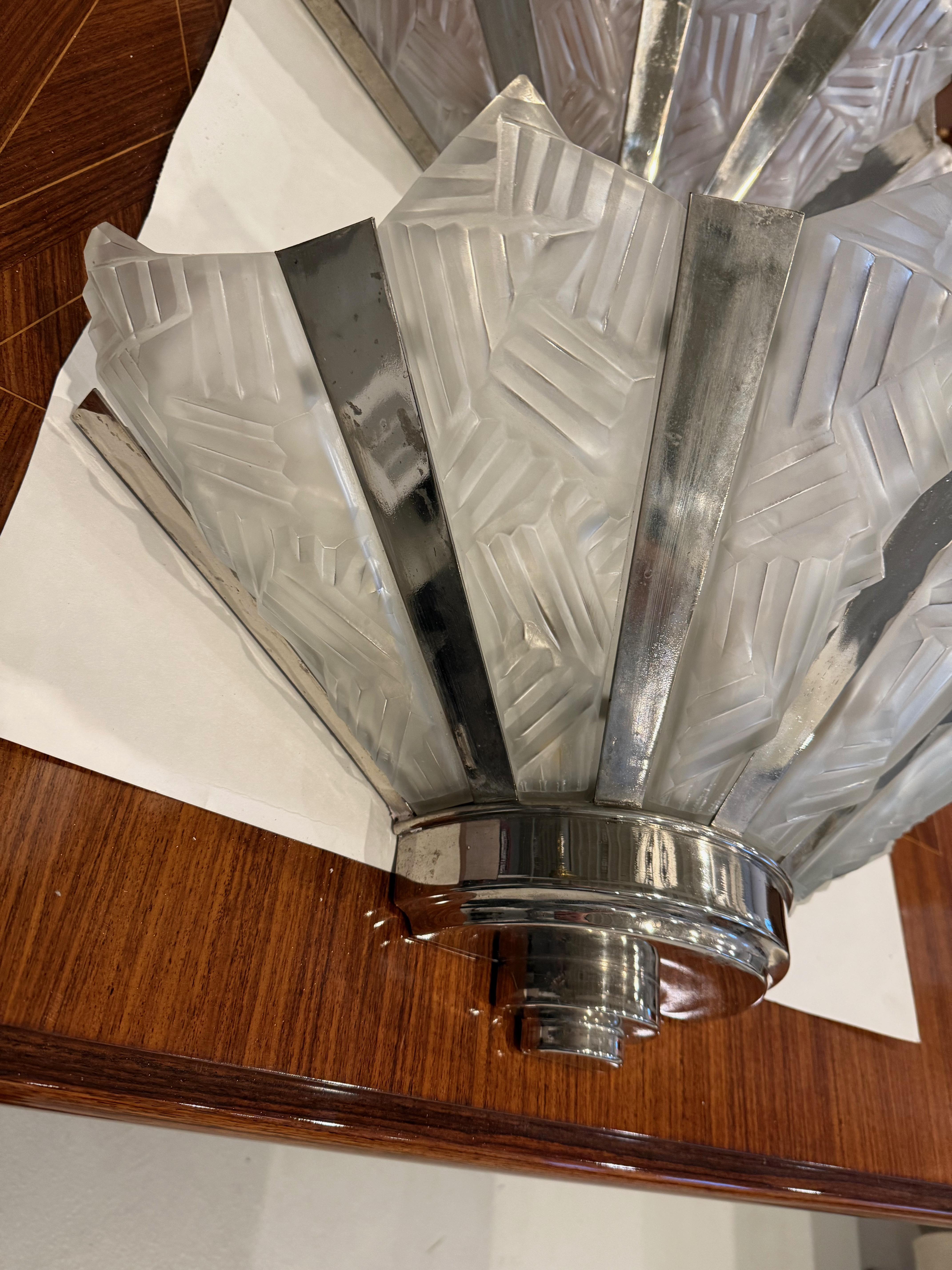 20th Century Grand Pair of French Art Deco Geometric Wall Sconces by Degue For Sale