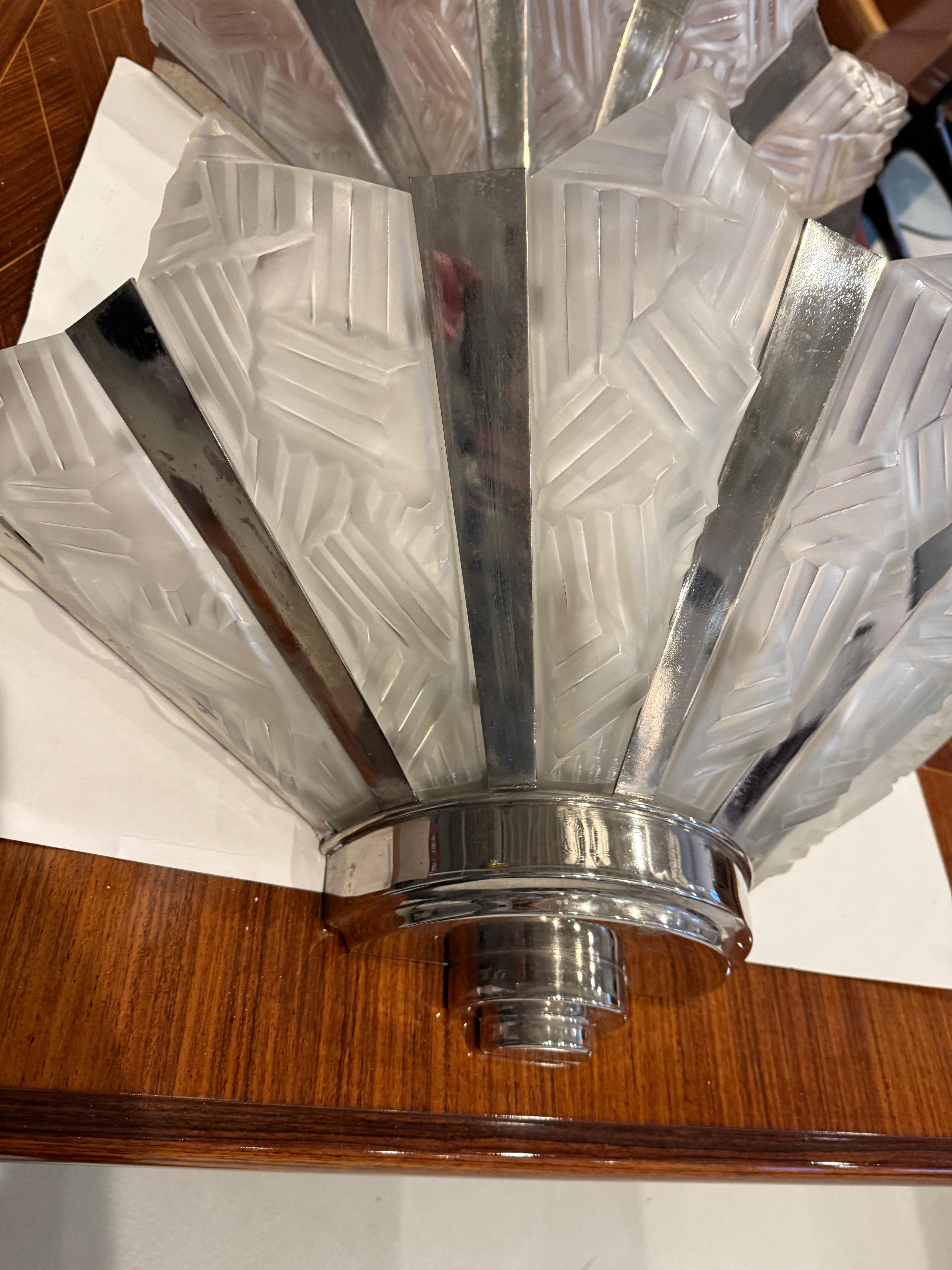 Glass Grand Pair of French Art Deco Geometric Wall Sconces by Degue For Sale