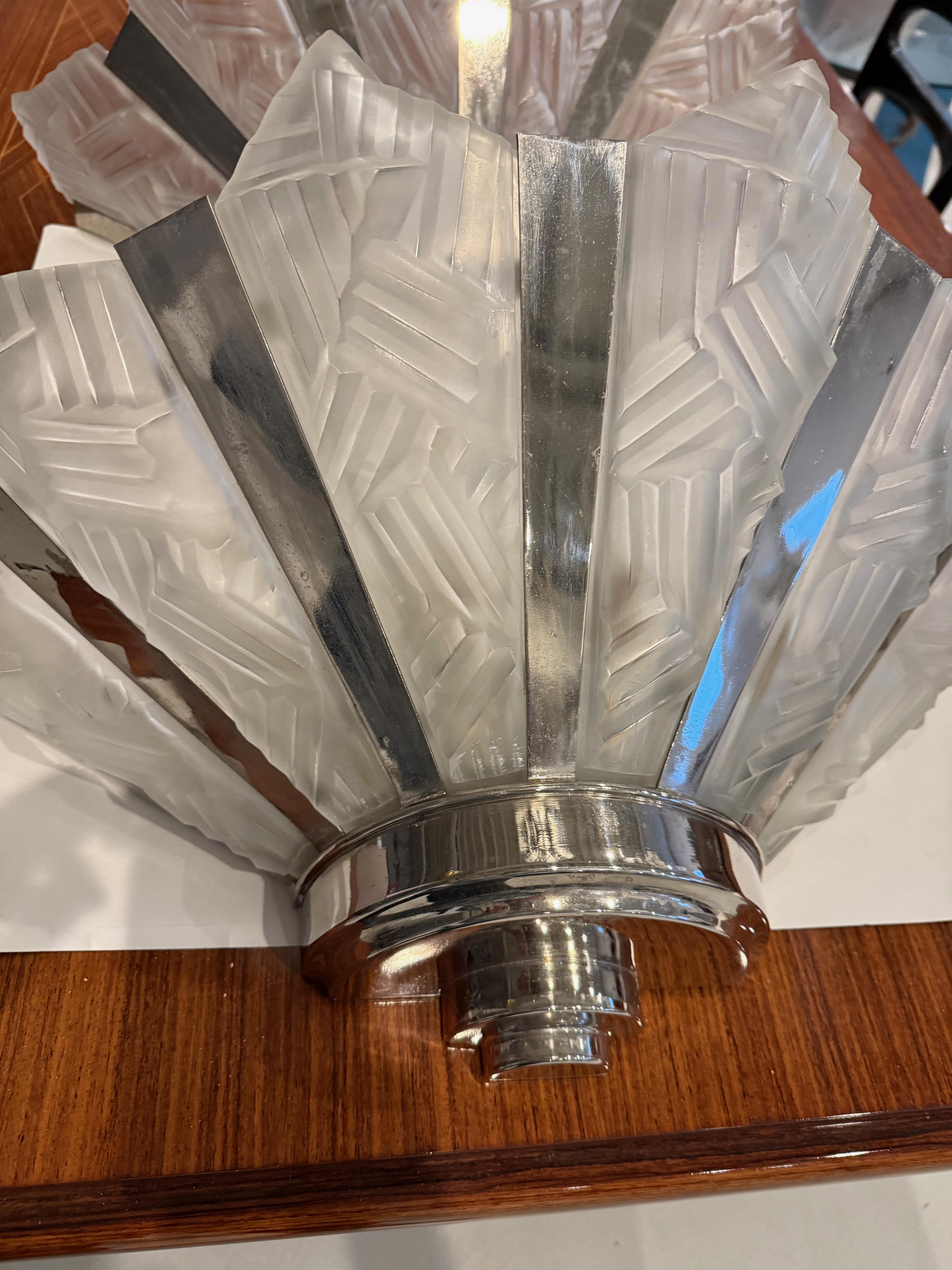 Grand Pair of French Art Deco Geometric Wall Sconces by Degue For Sale 1