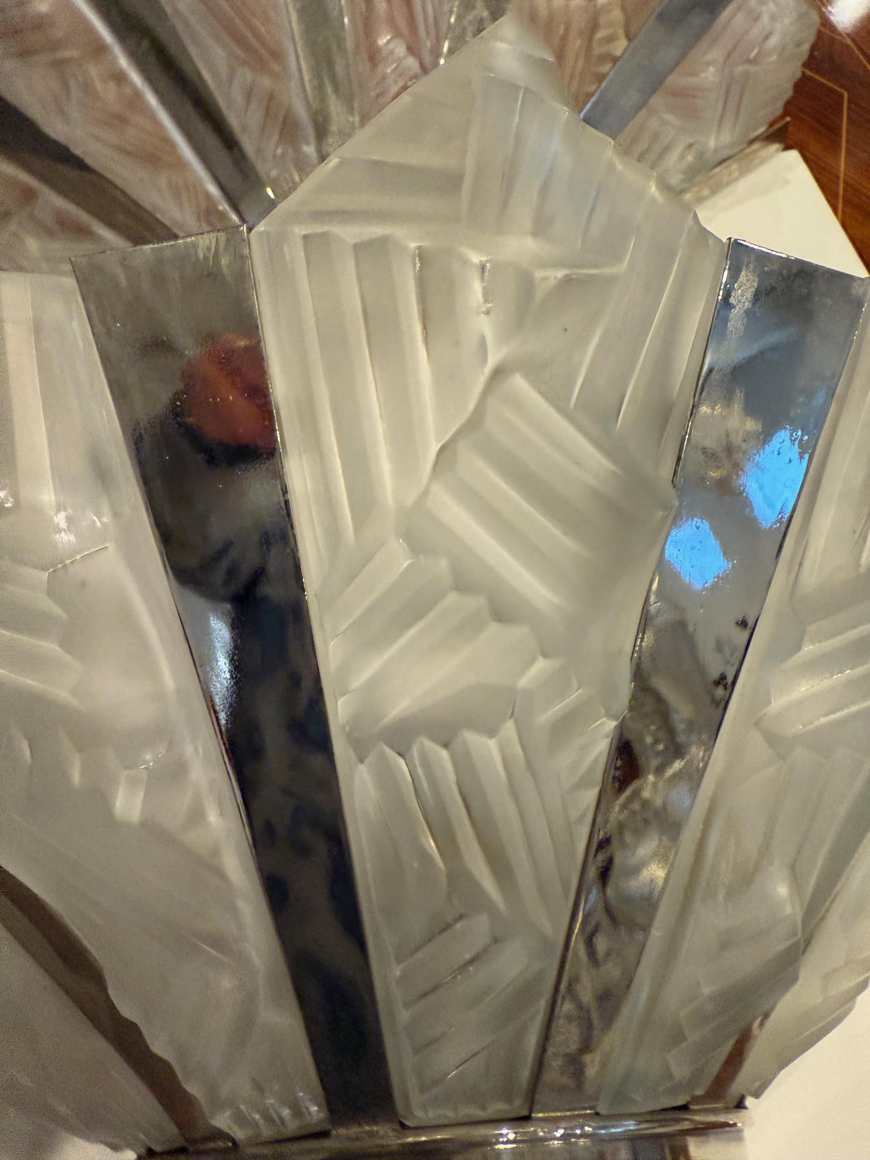 Grand Pair of French Art Deco Geometric Wall Sconces by Degue For Sale 3