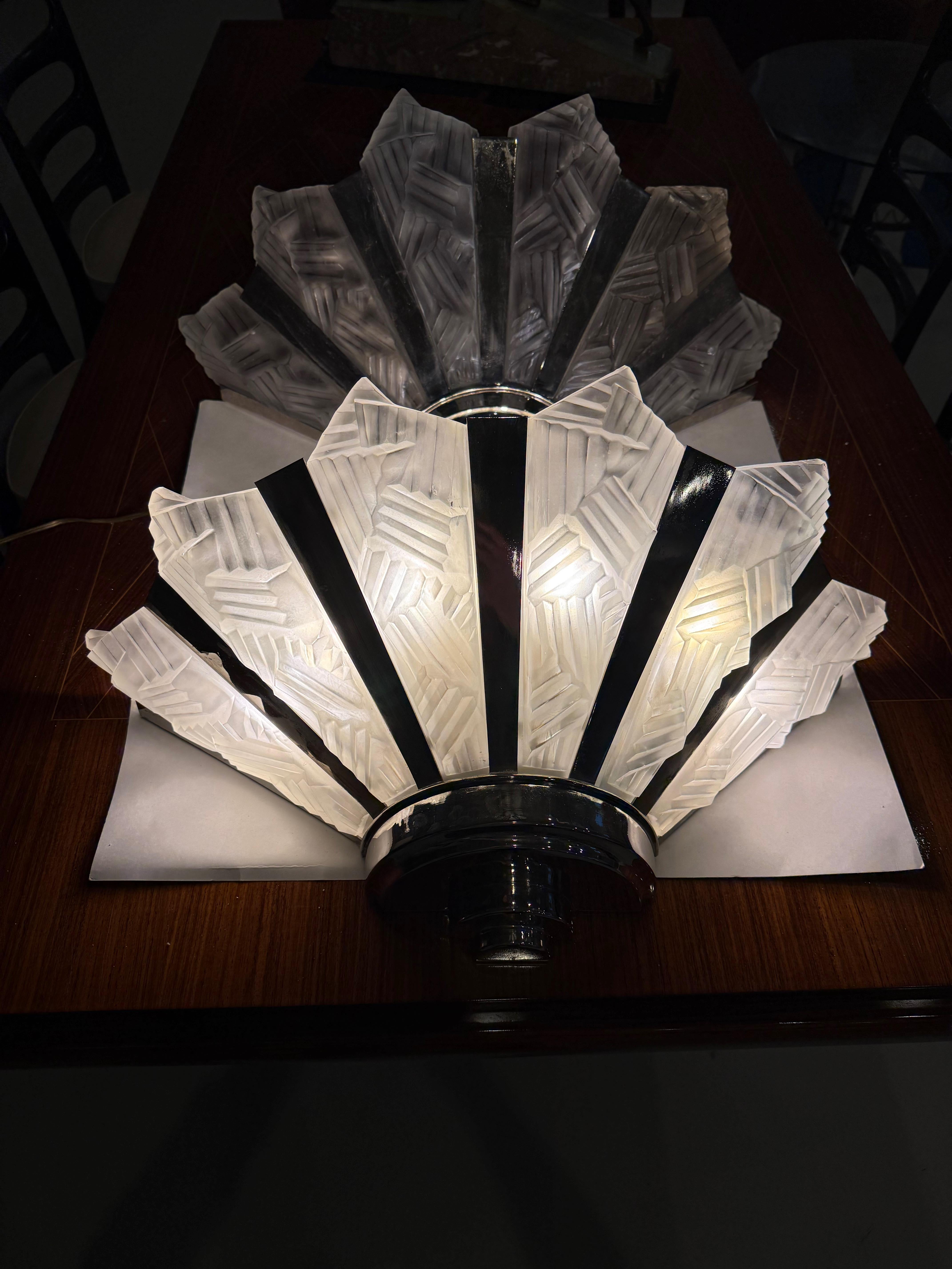 Grand Pair of French Art Deco Geometric Wall Sconces by Degue For Sale 4