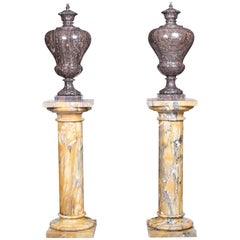 Grand Pair of Neoclassical Style Vintage Marble Urns on Column Plinths