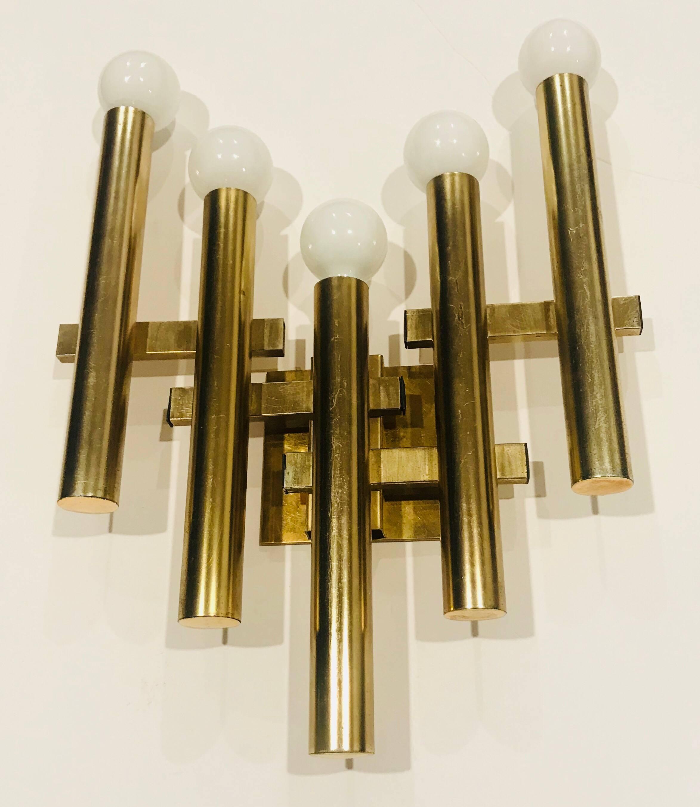 Brass Grand Pair of Sciolari 1960s Wall Lights For Sale
