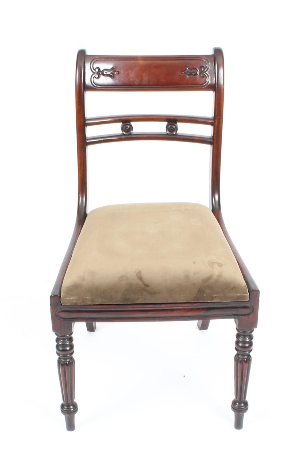 An absolutely fantastic English made pair of Regency style side chairs, dating from the late 20th century.

These chairs have been masterfully crafted in beautiful solid flame mahogany throughout and the finish and attention to detail on display