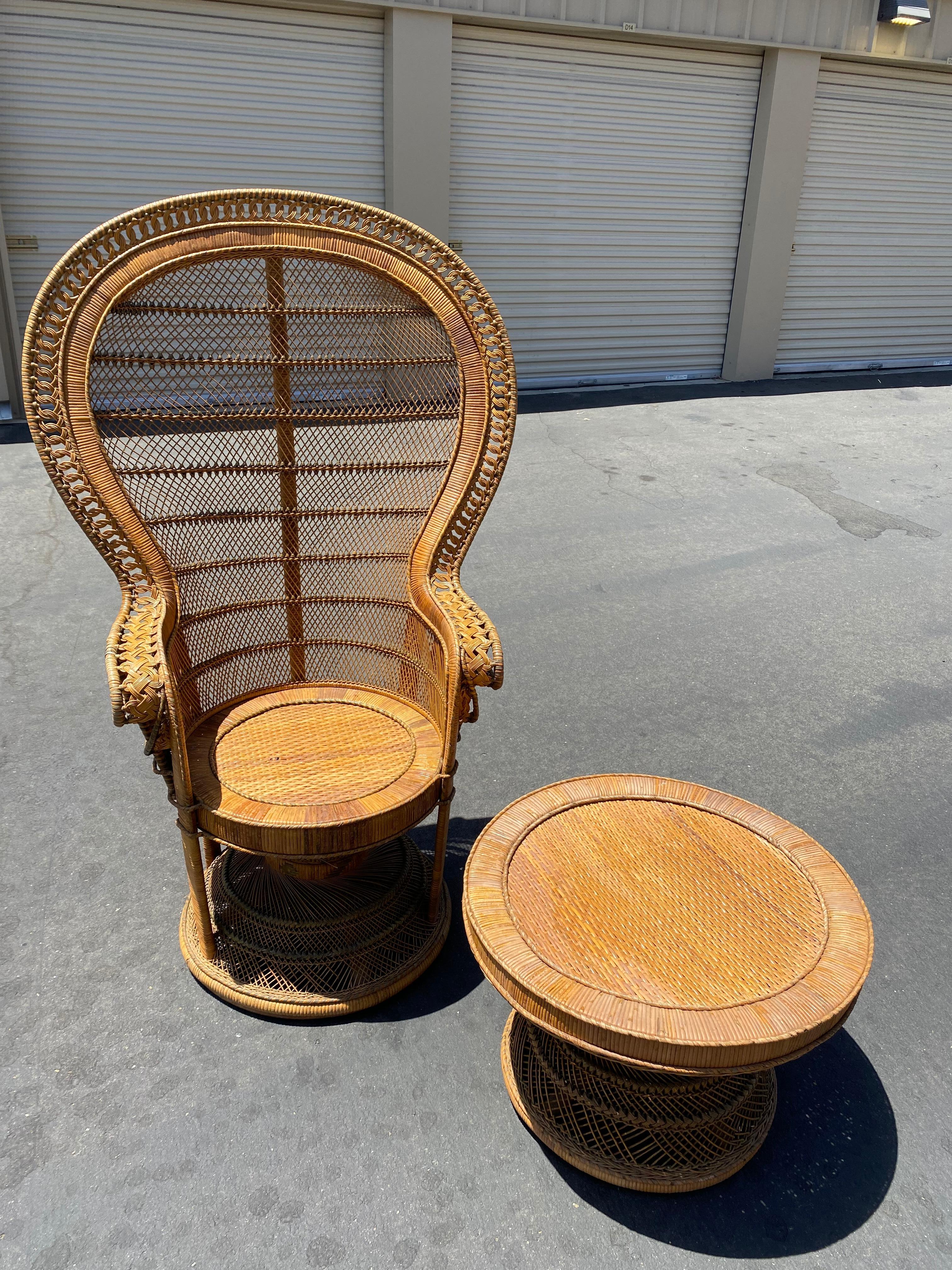 Grand Peacock Rattan Wicker Table & Chair Vintage Set Circa 1960’s 2
