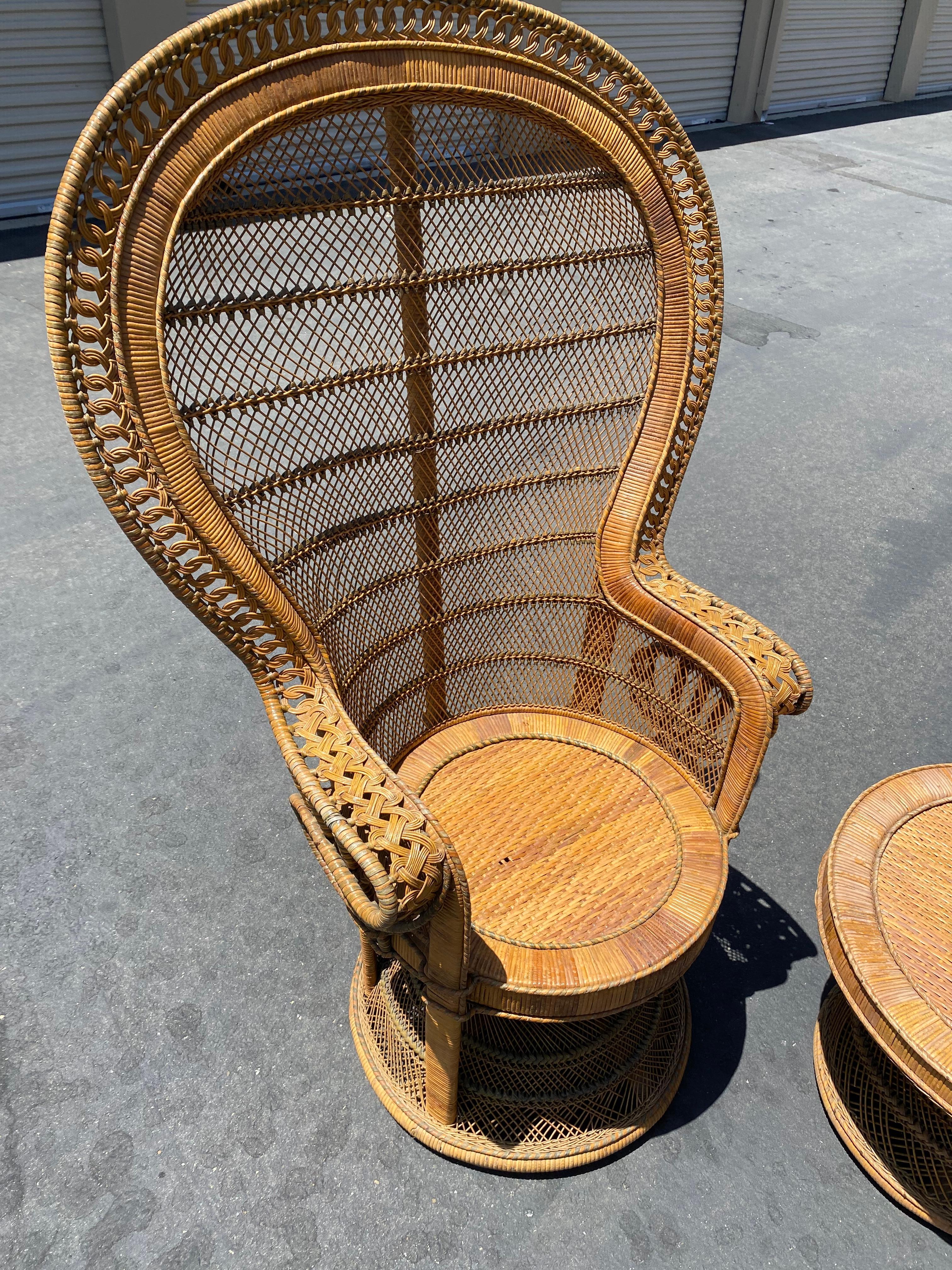 Grand Peacock Rattan Wicker Table & Chair Vintage Set Circa 1960’s 3