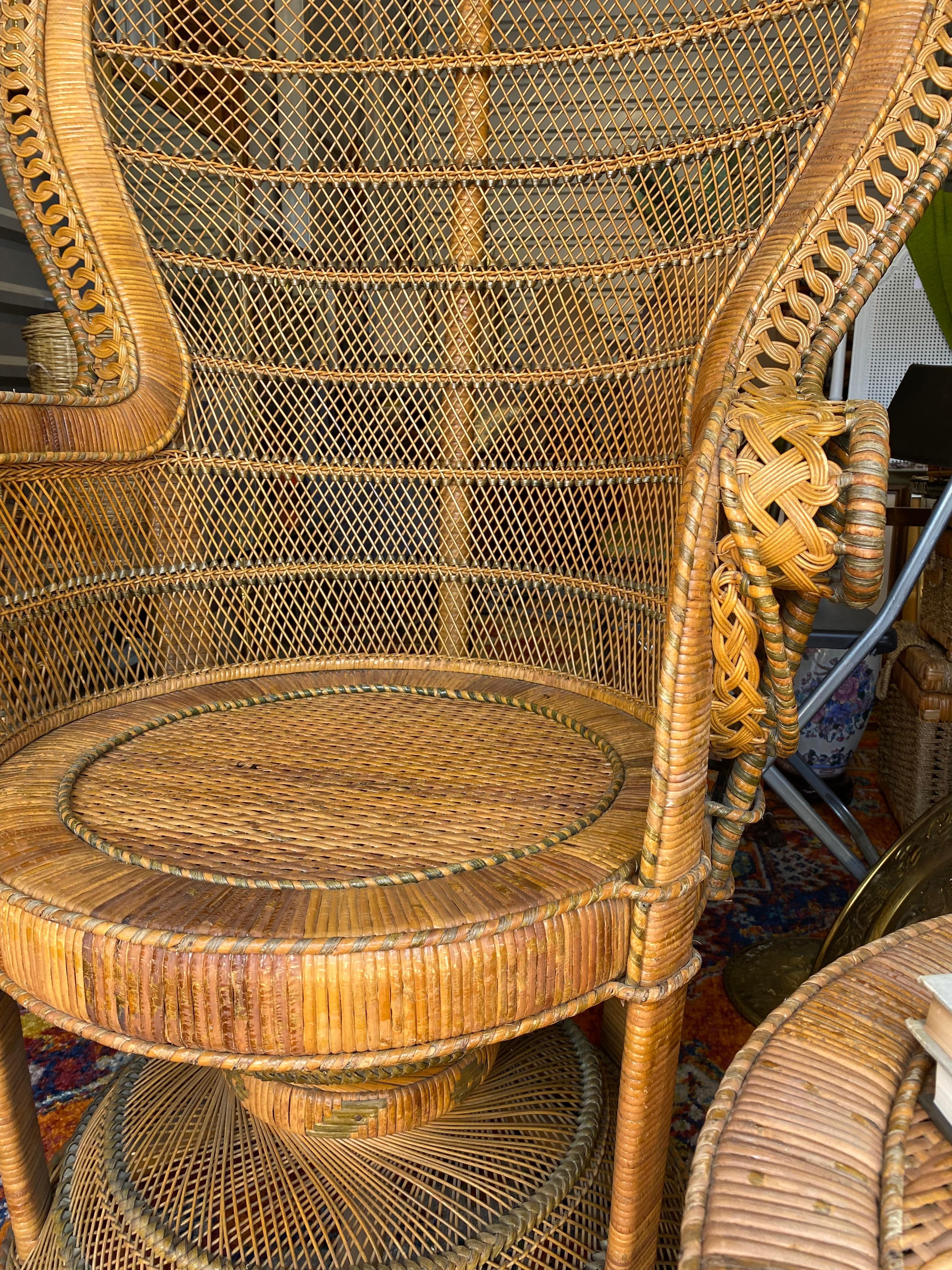 Bohemian Grand Peacock Rattan Wicker Table & Chair Vintage Set Circa 1960’s