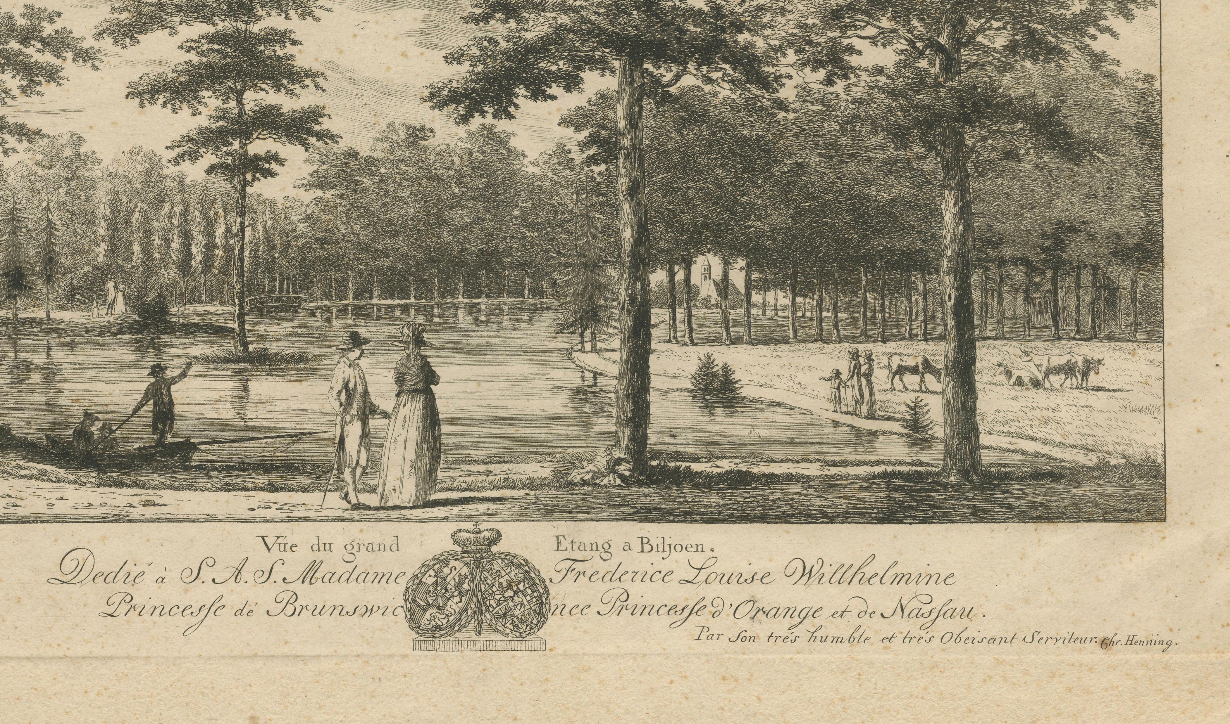 Engraved Grand Pond at Biljoen – Antique c.1790 Print Dedicated to Princess Wilhelmina For Sale