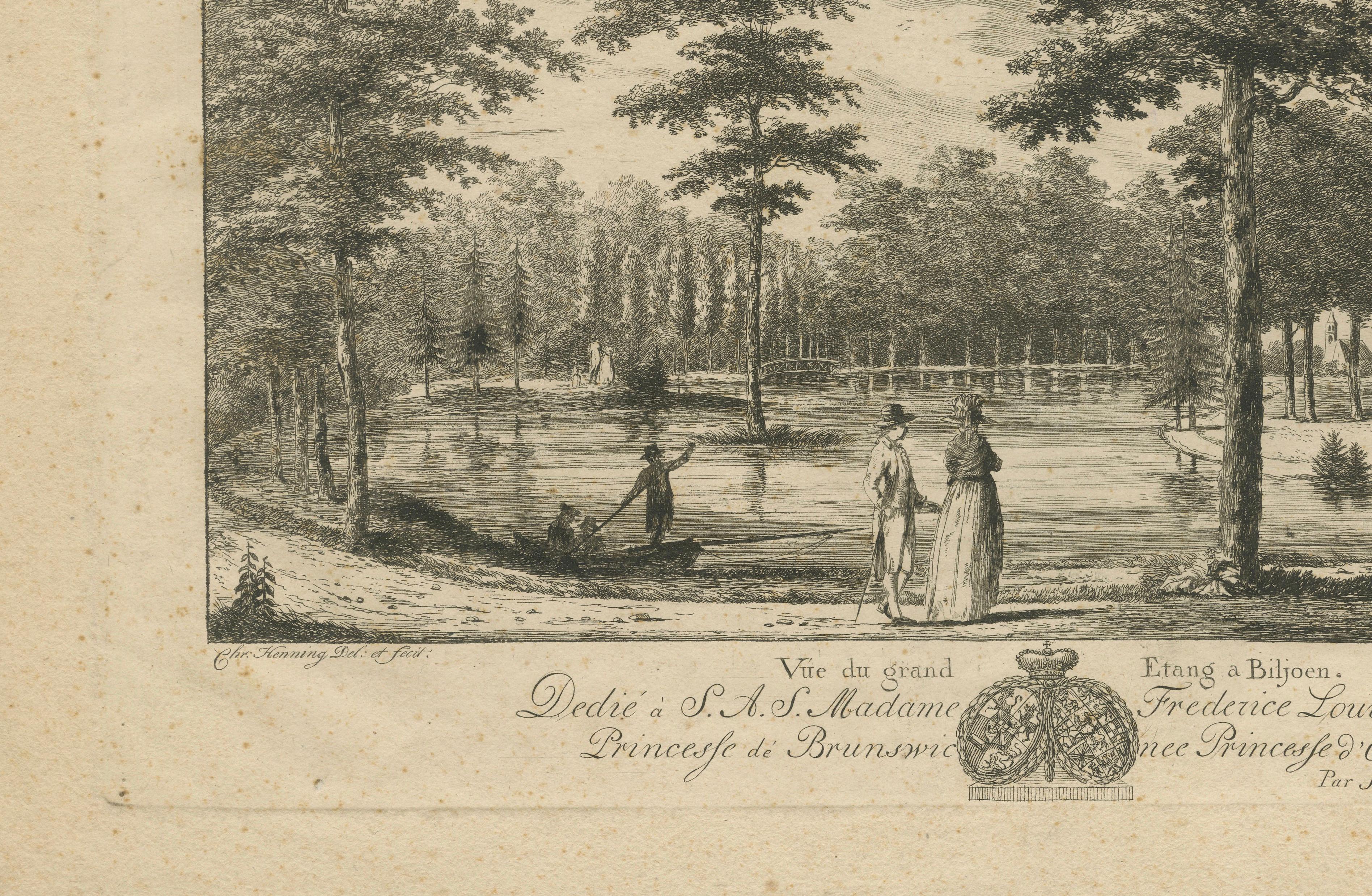 Grand Pond at Biljoen – Antique c.1790 Print Dedicated to Princess Wilhelmina In Good Condition For Sale In Langweer, NL