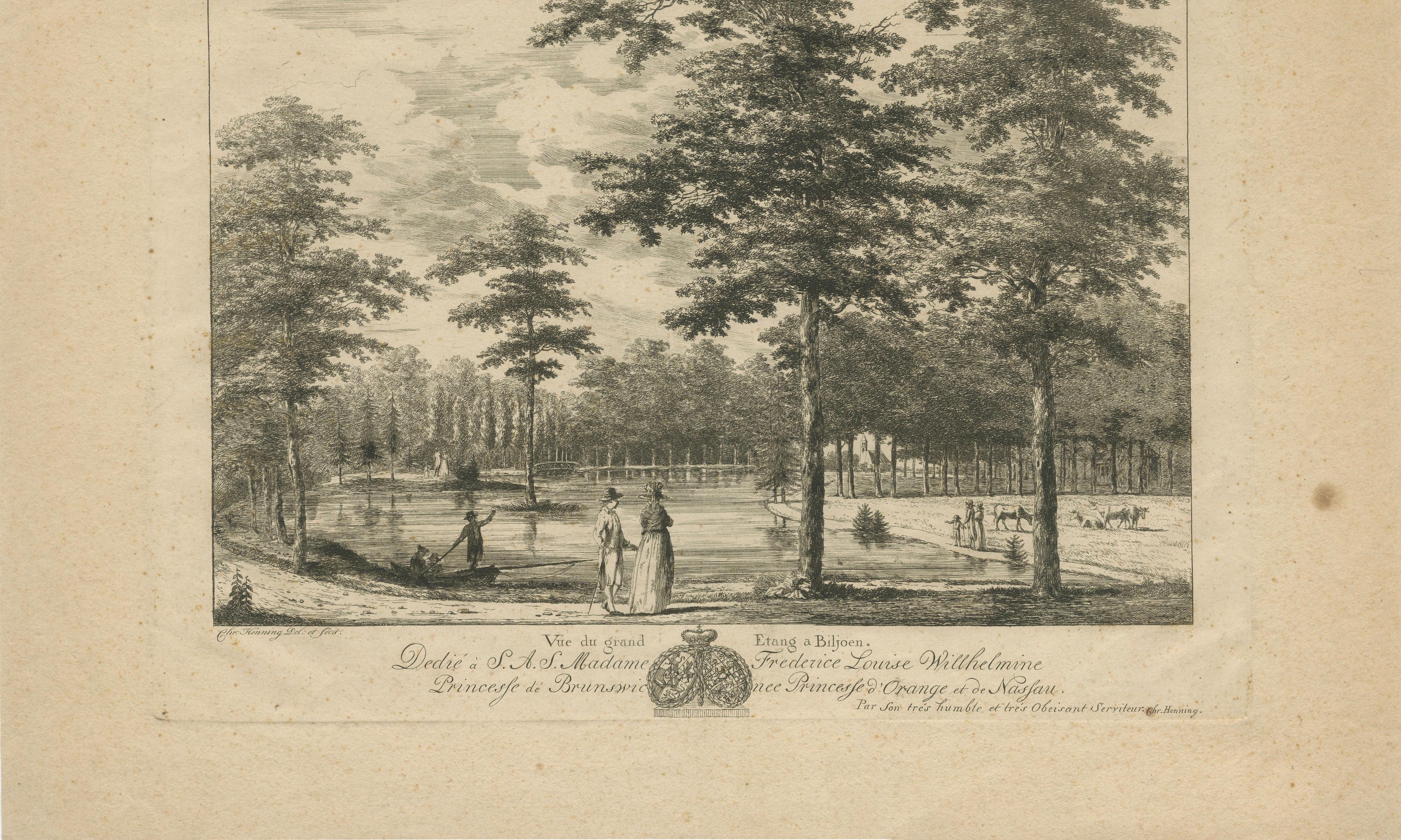 Paper Grand Pond at Biljoen – Antique c.1790 Print Dedicated to Princess Wilhelmina For Sale