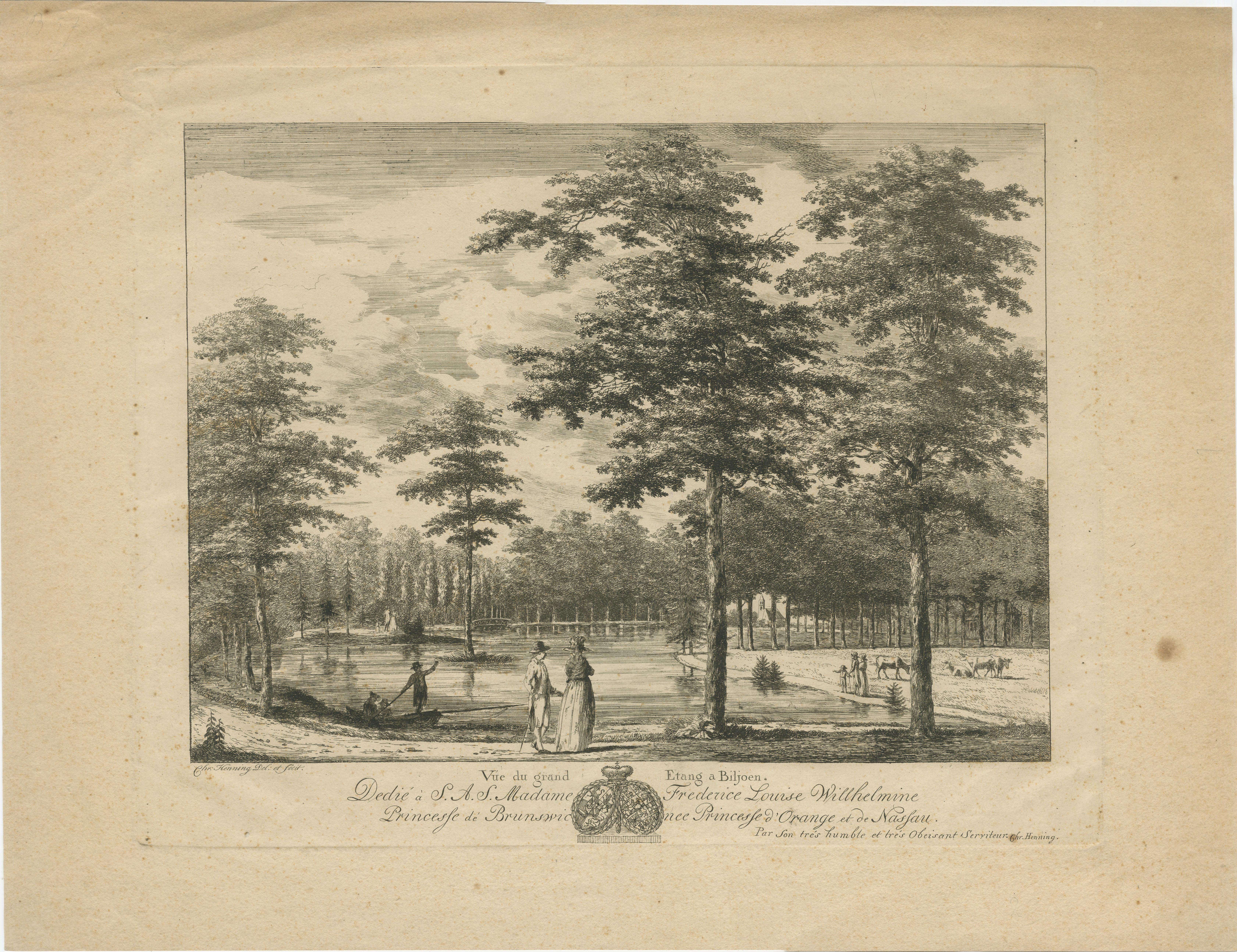 Grand Pond at Biljoen – Antique c.1790 Print Dedicated to Princess Wilhelmina For Sale 1