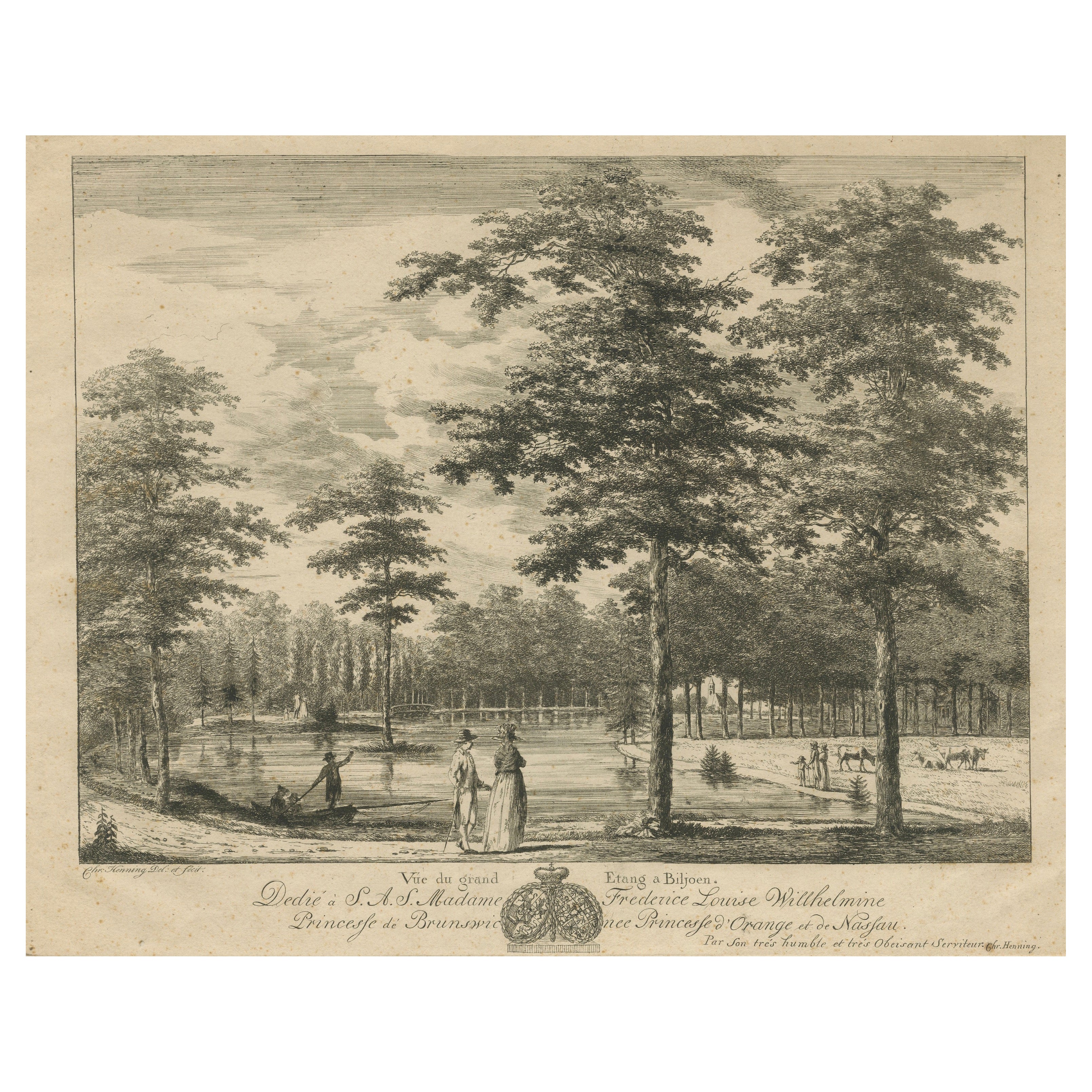 Grand Pond at Biljoen – Antique c.1790 Print Dedicated to Princess Wilhelmina For Sale
