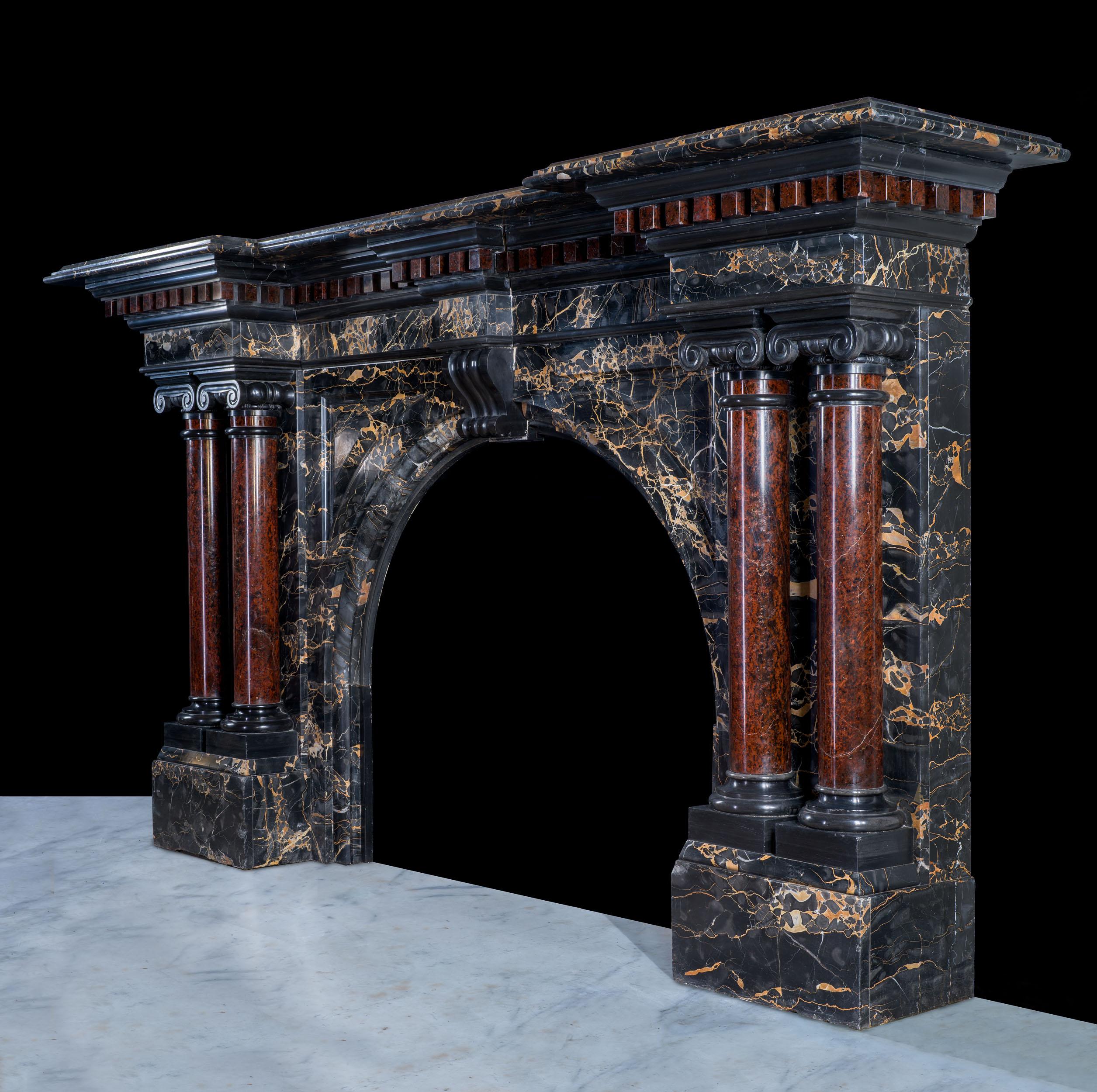 High Victorian Grand Portoro Marble & Serpentine Marble Fireplace Mantel  For Sale