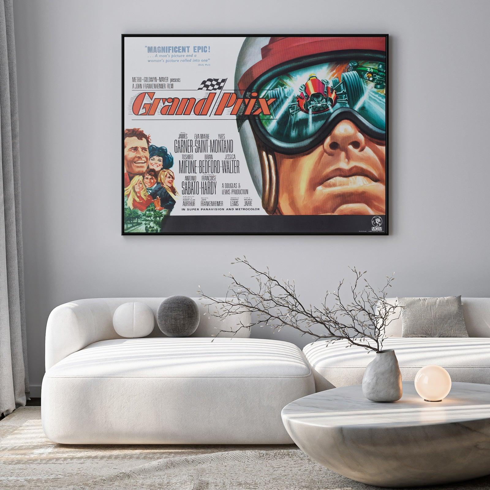 This very rare and collectable original 1968 UK Quad film poster for Grand Prix features a fantastic design. A wonderful poster.

This original vintage movie poster was originally folded (as issued) but has been professionally linen-backed and is