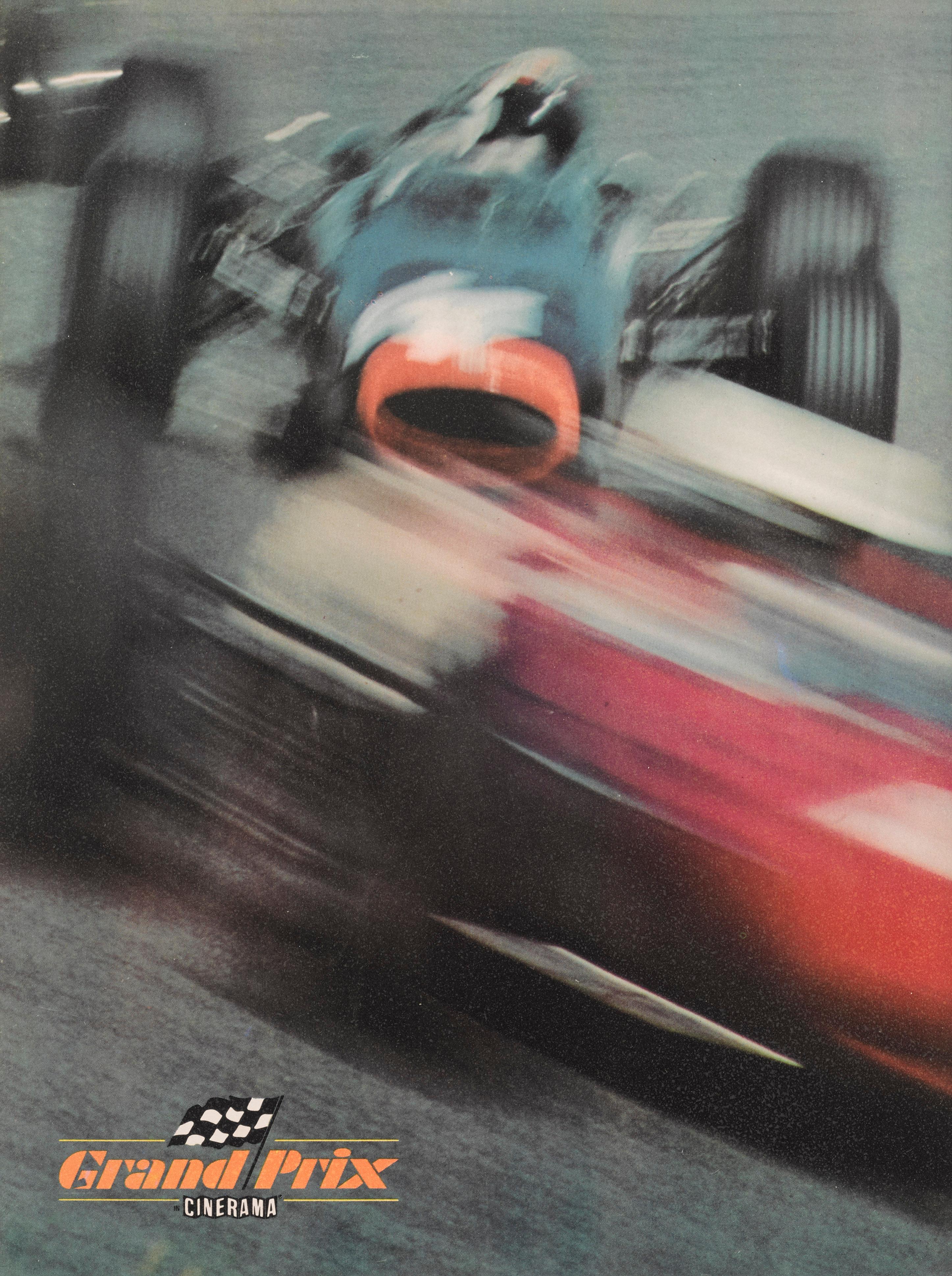 Original British Cinerama souvenir program cover.
This fictional popular motor racing film is the story of the 1966 Formula One season through the eyes of four Formula One drivers the film includes real-life motor racing footage and cameos by