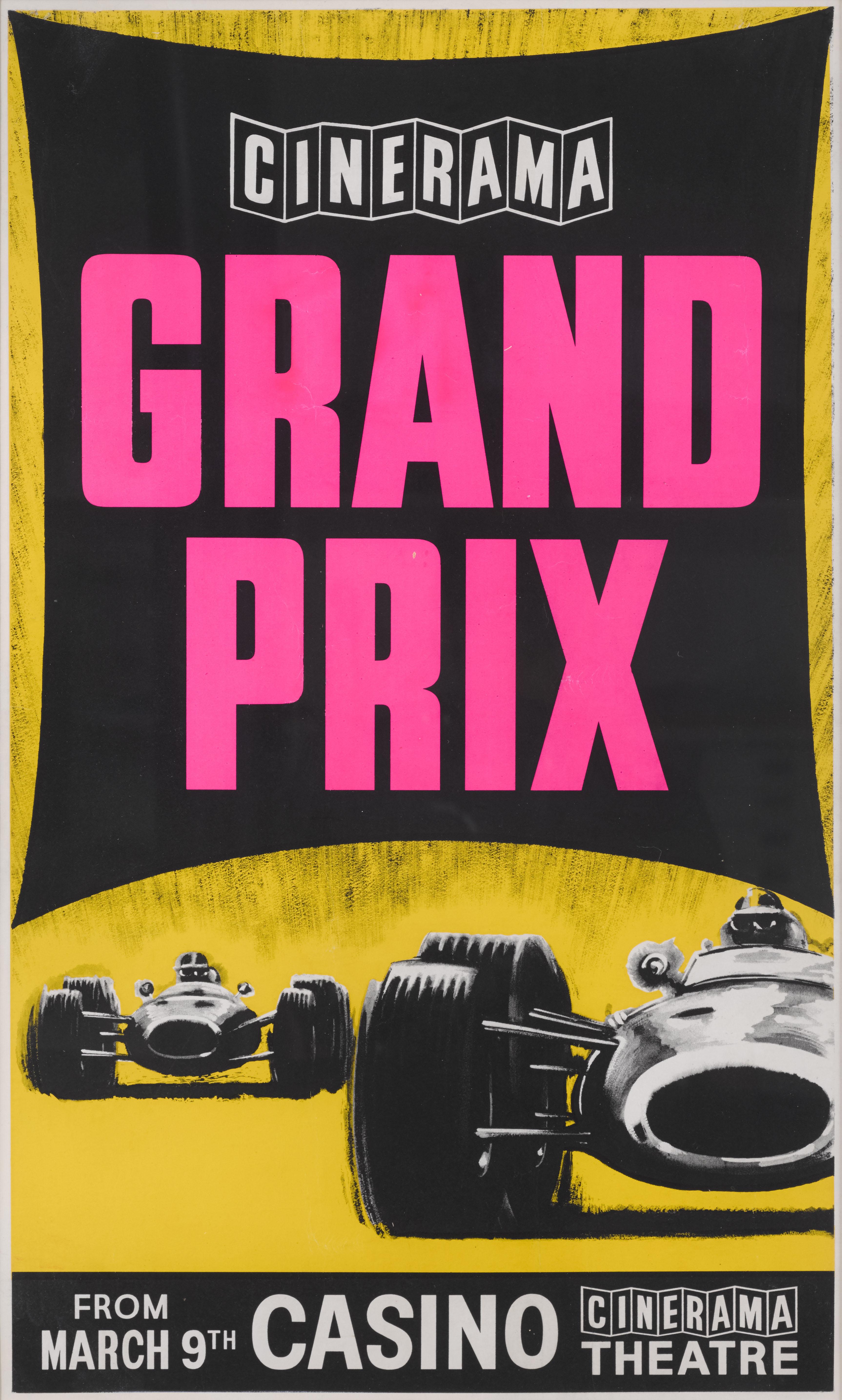 Il s'agit d'une affiche britannique originale exceptionnellement rare pour la première européenne du Cinerama Gala du film Grand Prix de 1966.

Ce film populaire fictif sur les courses automobiles raconte l'histoire de la saison 1966 de Formule 1 à