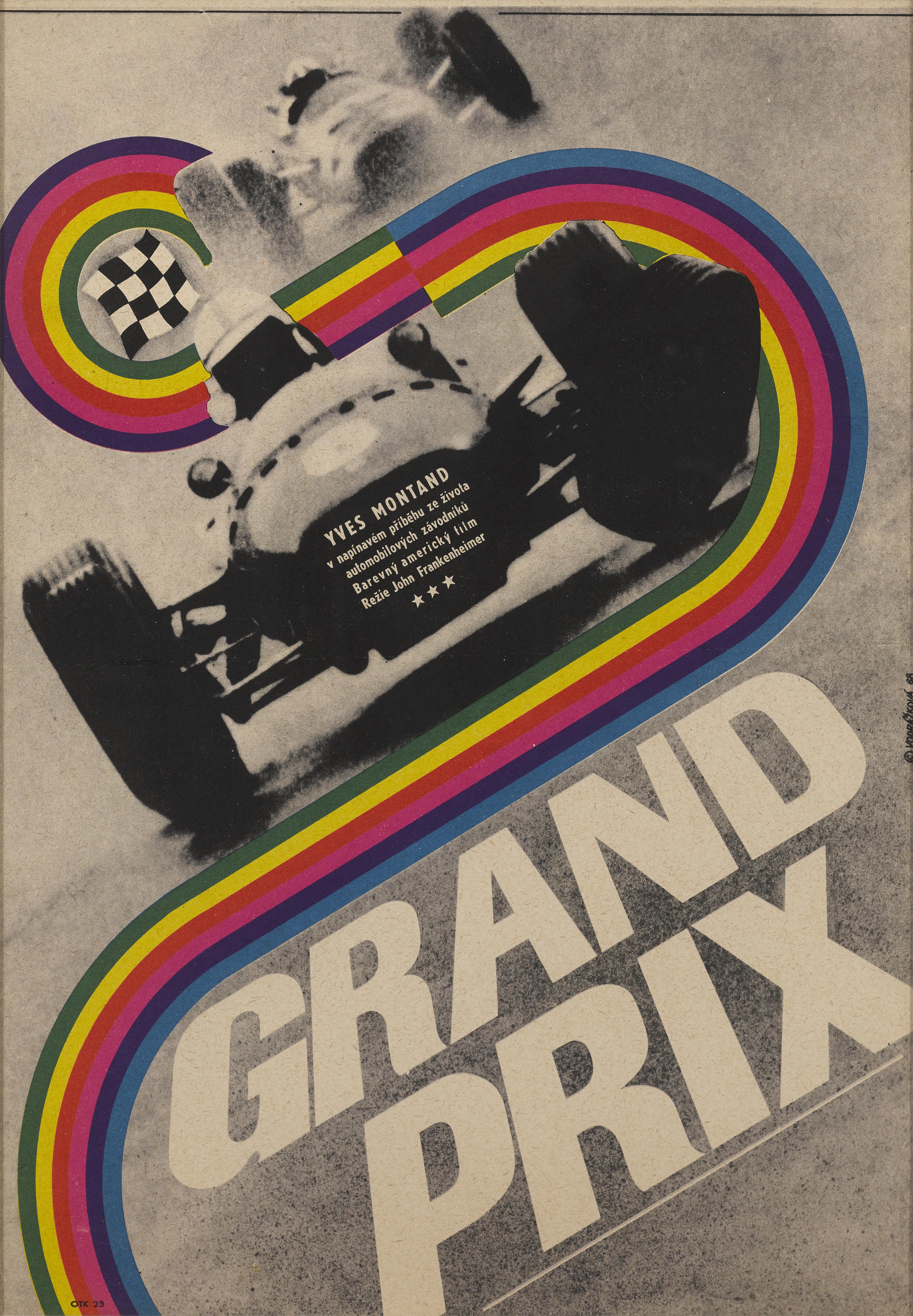Originales tschechisches Filmplakat für den Film Grand Prix von 1966.
Dieser fiktive, populäre Motorsportfilm erzählt die Geschichte der Formel-1-Saison 1966 aus der Sicht von vier Formel-1-Fahrern. Der Film enthält Aufnahmen aus dem echten