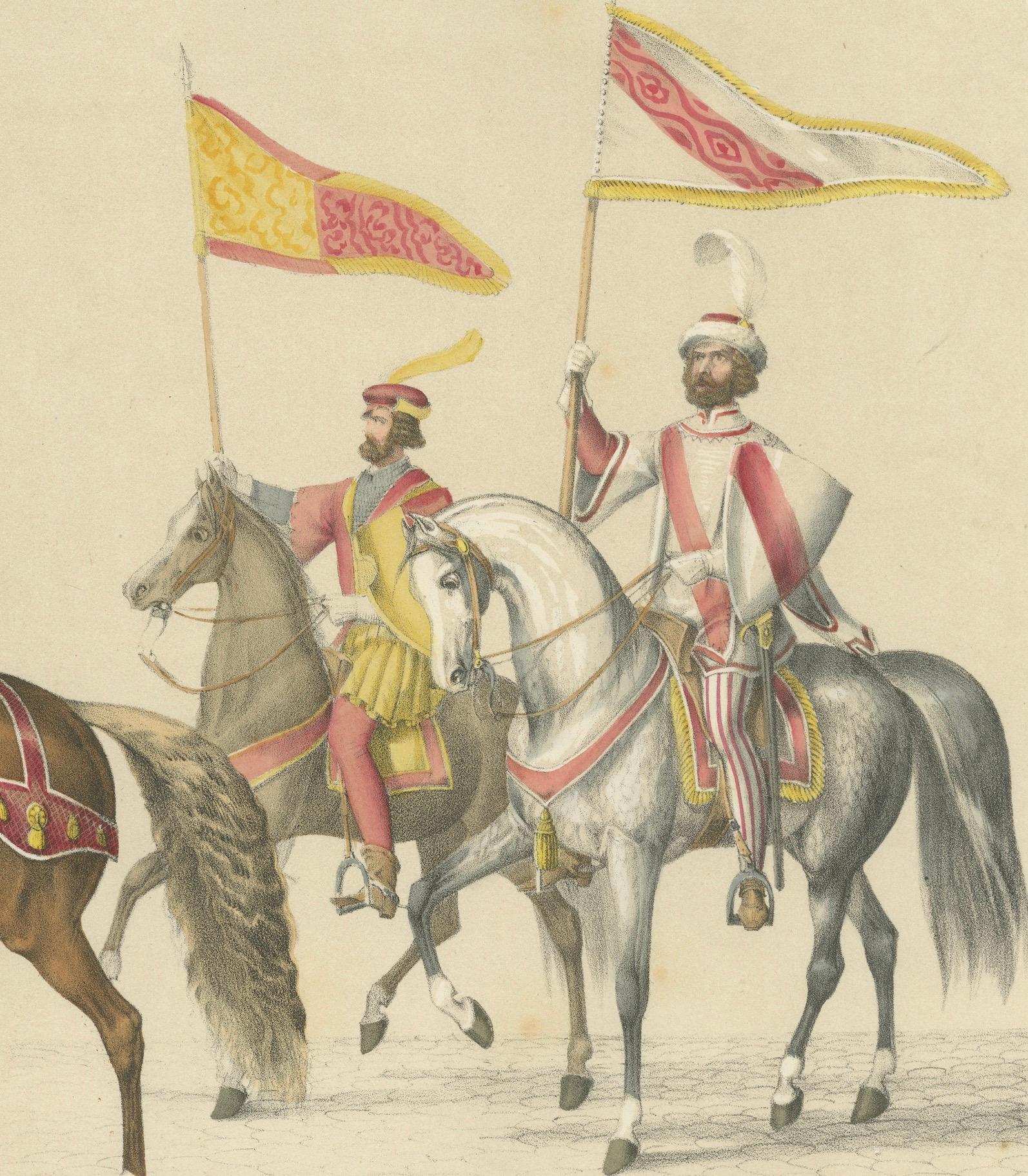 Titel: Großer Festzug 1855 - Wilhelm Herter von Strasburg und die Herren von Bohemia  

Beschreibung:  Diese prächtige handkolorierte Lithografie, geschaffen von H. Jenny und lithografiert von Kümmerly und Wittmer, ist Teil des Festalbums, das an