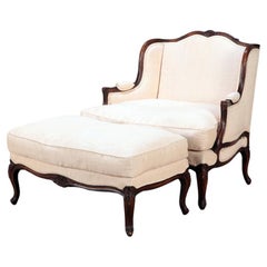 Grand Proportioned Louis XV Style Bergeré Armchair and Ottoman