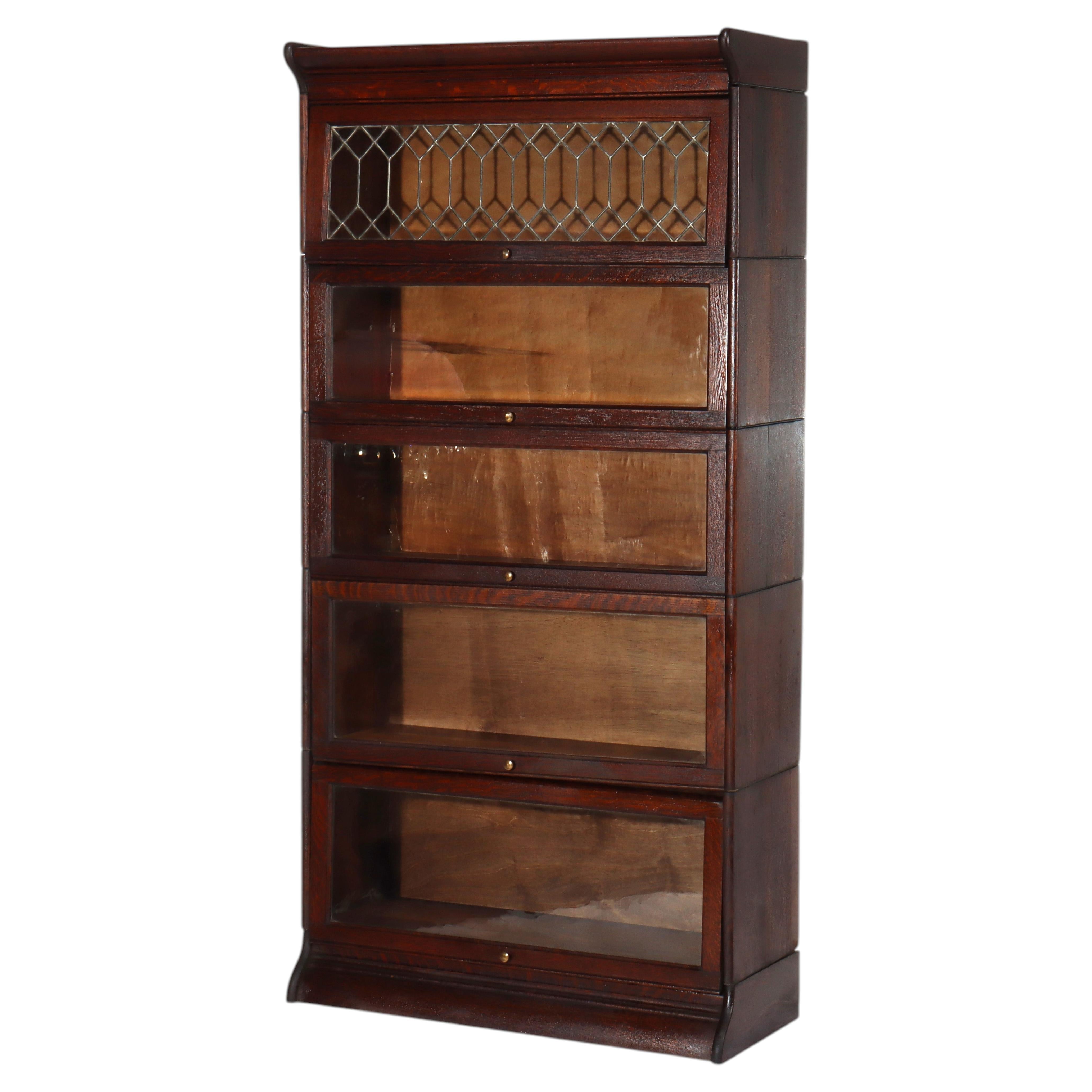 Grand Rapids Arts & Crafts Oak Oak Stack Barrister Bookcase With Leaded Glass c1910 en vente