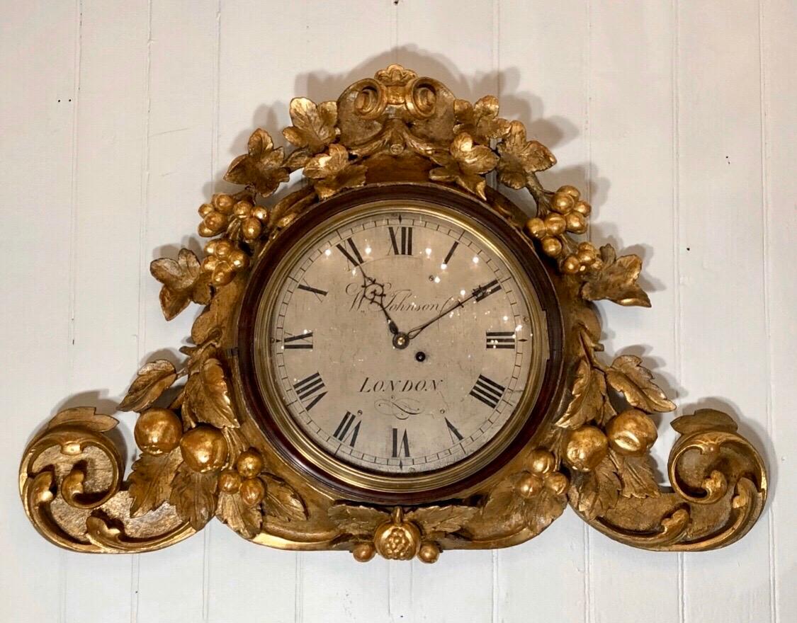Giltwood Grand Regency Gilt Wall Mounted Clock by Wm Johnson London For Sale