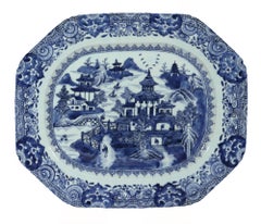 Grand River Landscape: Chinese Export Blue & White Porcelain Large Platter