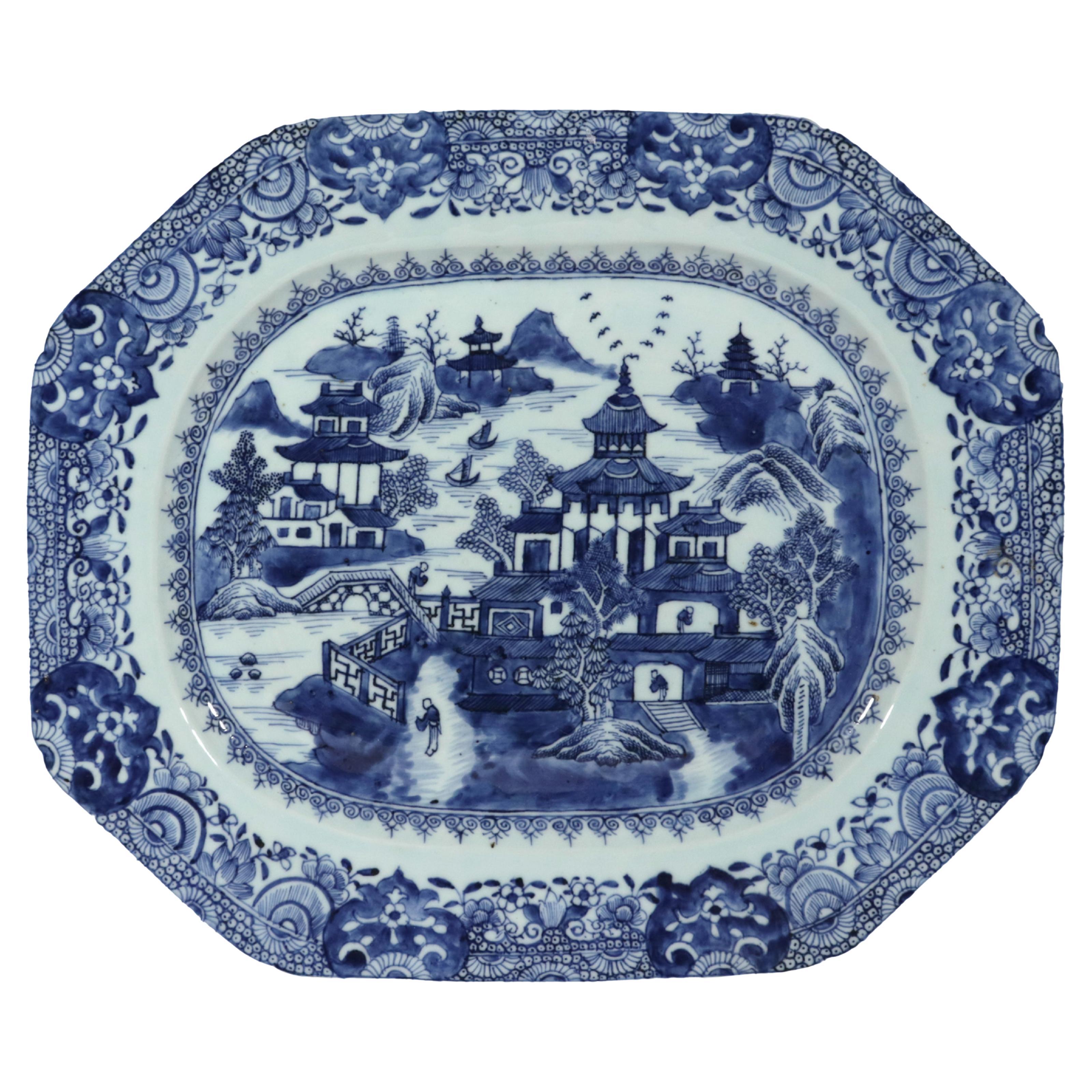 Grand River Landscape: Chinese Export Blue & White Porcelain Large Platter For Sale