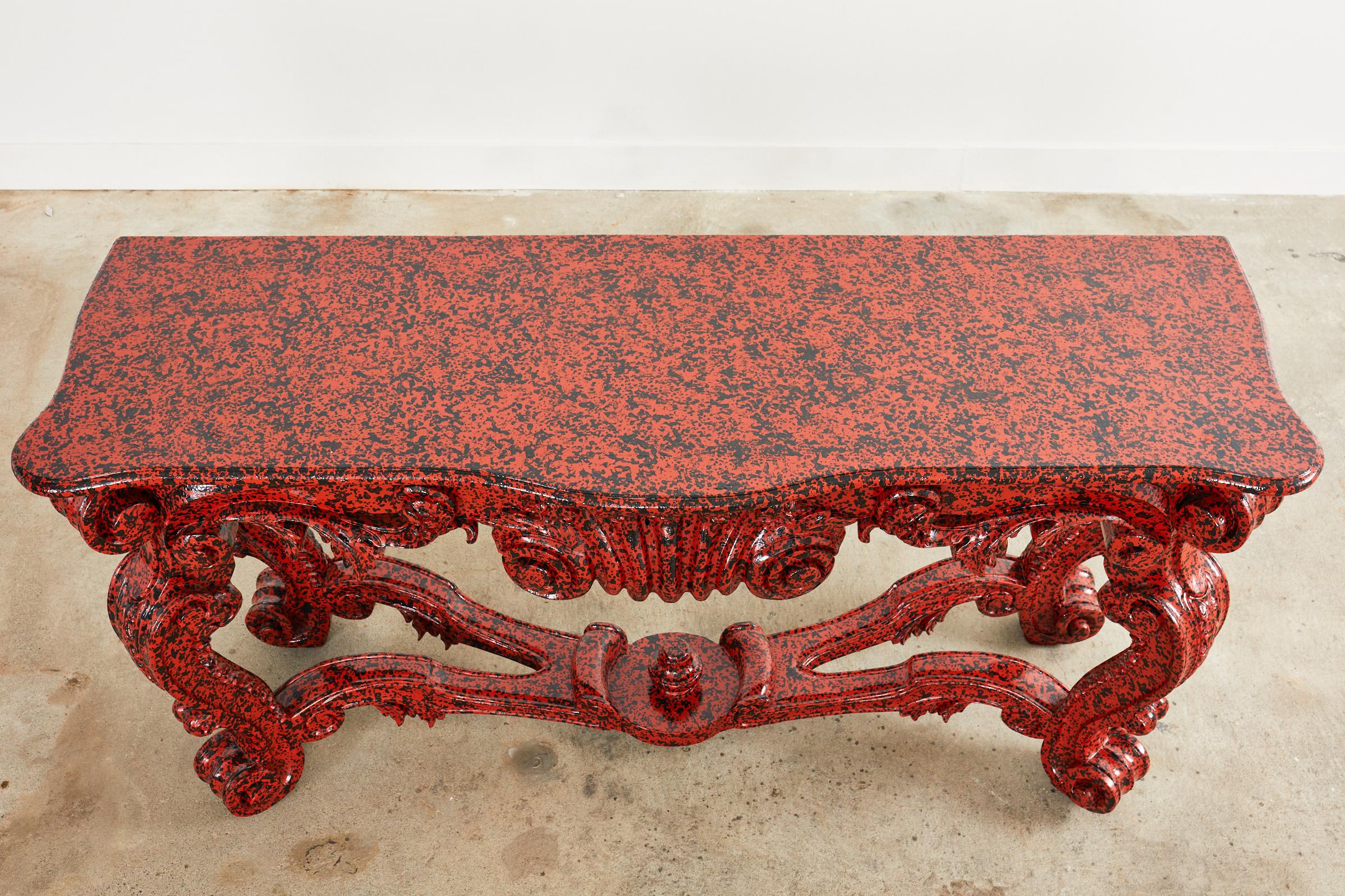 Lacquered Grand Rococo Style Mahogany Console Table Speckled by Ira Yeager For Sale