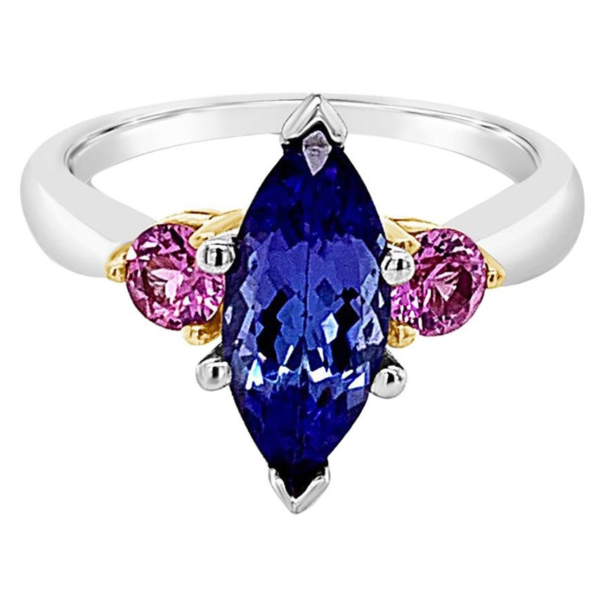 Anello Grand Sample Sale con tanzanite e zaffiro rosa incastonati in oro 14K bicolore
