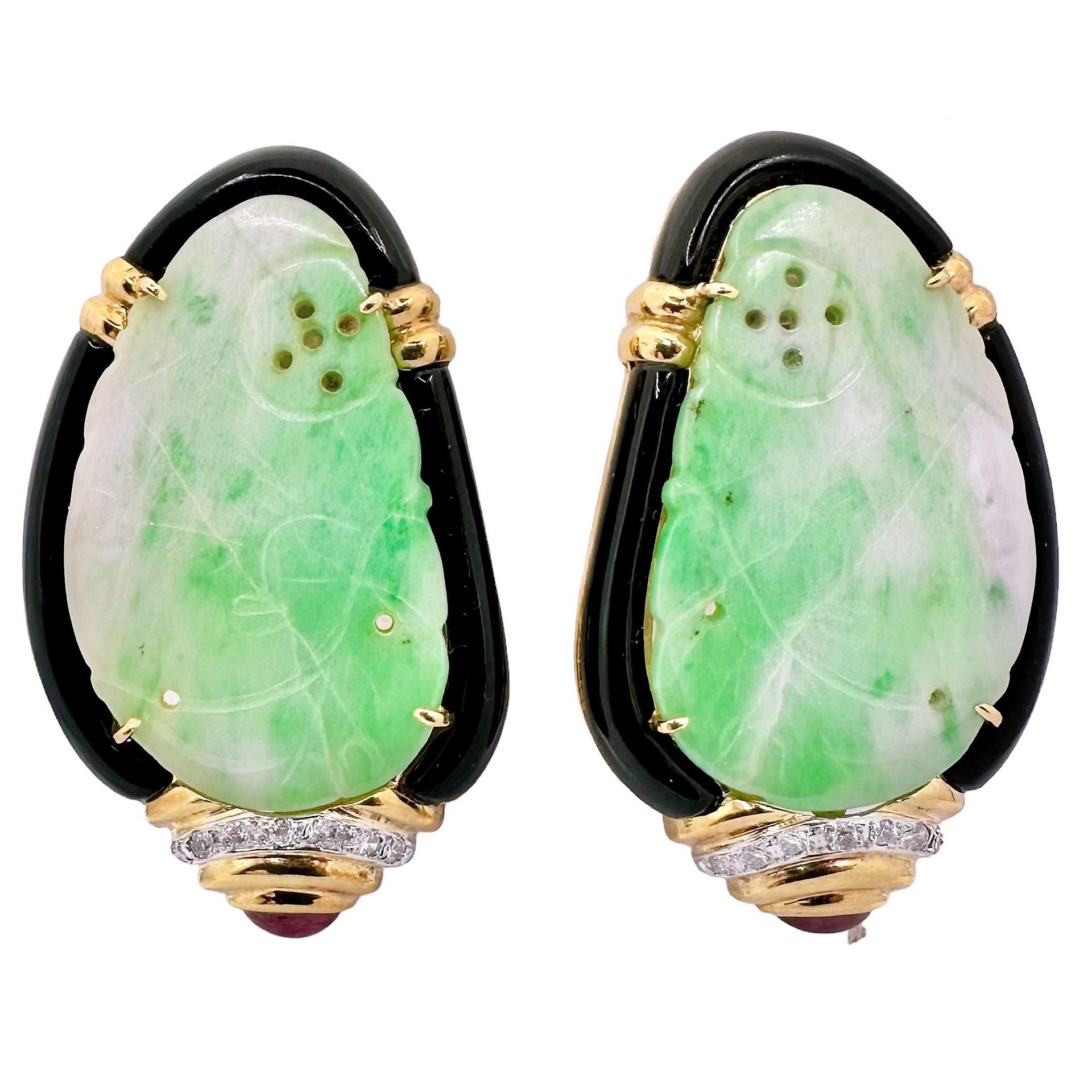 This striking vintage pair of late-20th Century fashion earrings have, as their focal point, two quite large jadeite jade panels which are each painstakingly hand pierced and carved in stylized floral motifs. Surrounding these panels are delicately