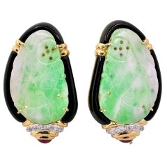 Grand Scale 18k Yellow Gold, Jadeite Jade, Ruby, Diamond and Onyx Earrings