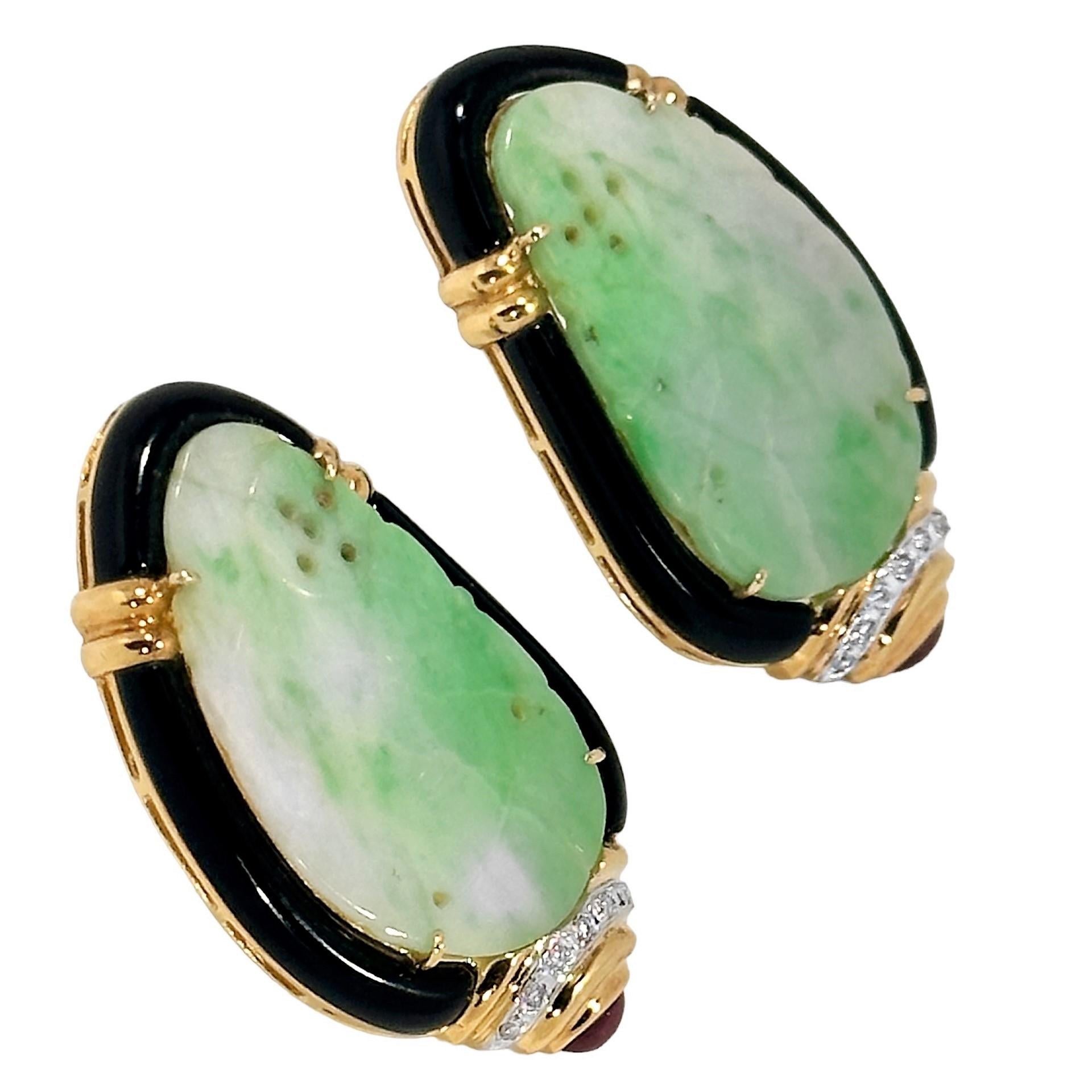 Modern Grand Scale 18k Yellow Gold, Jadeite Jade, Ruby, Diamond and Onyx Earrings For Sale