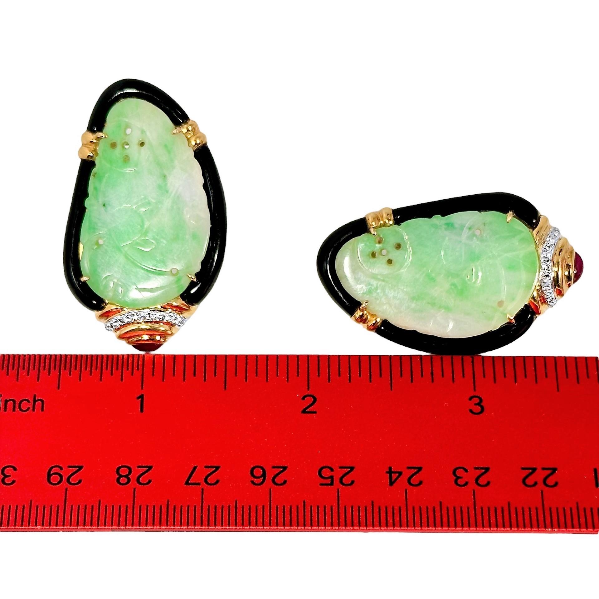 Women's Grand Scale 18k Yellow Gold, Jadeite Jade, Ruby, Diamond and Onyx Earrings For Sale