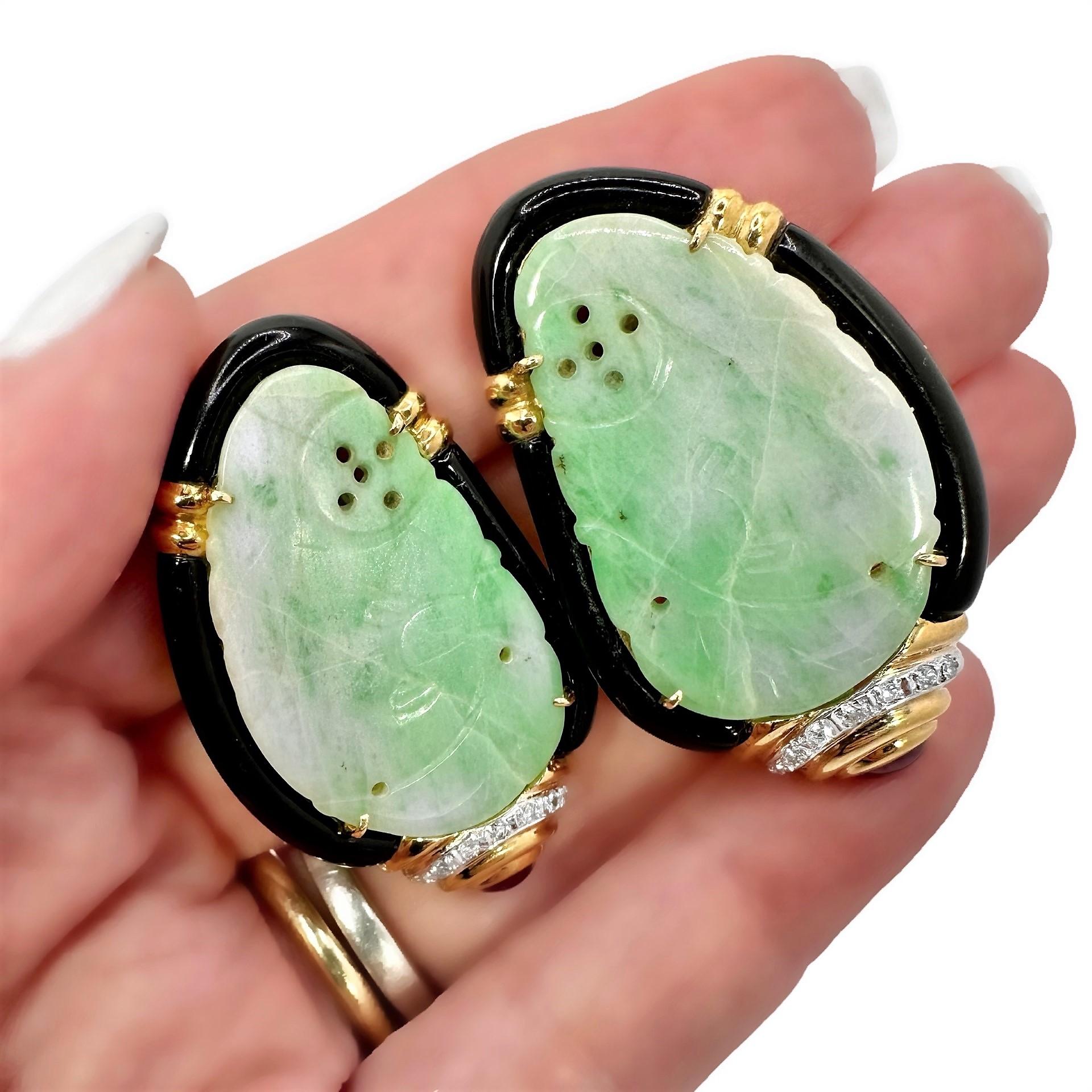 Grand Scale 18k Yellow Gold, Jadeite Jade, Ruby, Diamond and Onyx Earrings For Sale 1