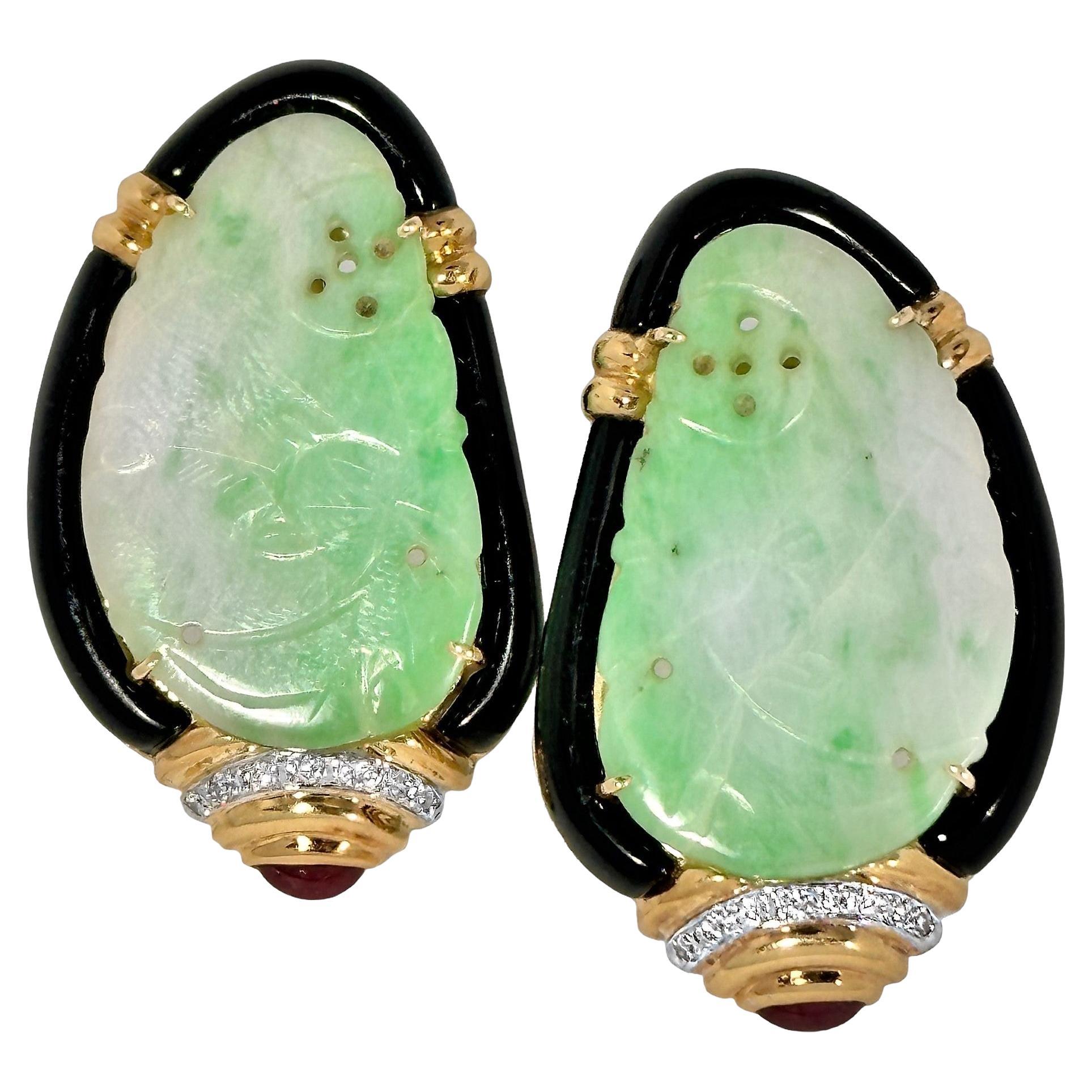 Grand Scale 18k Yellow Gold, Jadeite Jade, Ruby, Diamond and Onyx Earrings For Sale