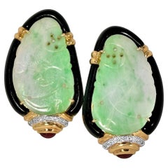 Retro Grand Scale 18k Yellow Gold, Jadeite Jade, Ruby, Diamond and Onyx Earrings