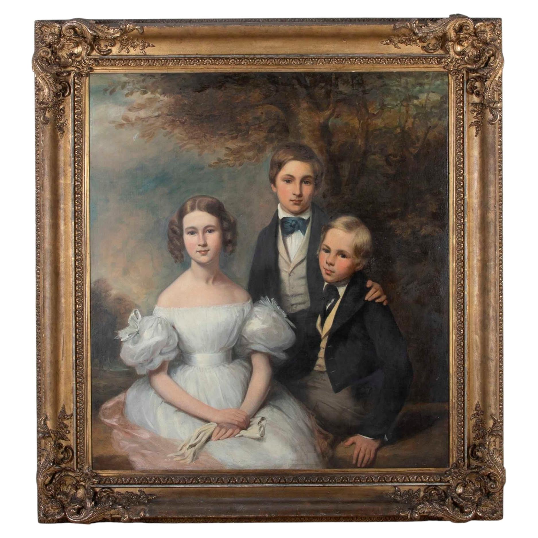 Grand Scale 19th Century Oil on Canvas Family Portrait