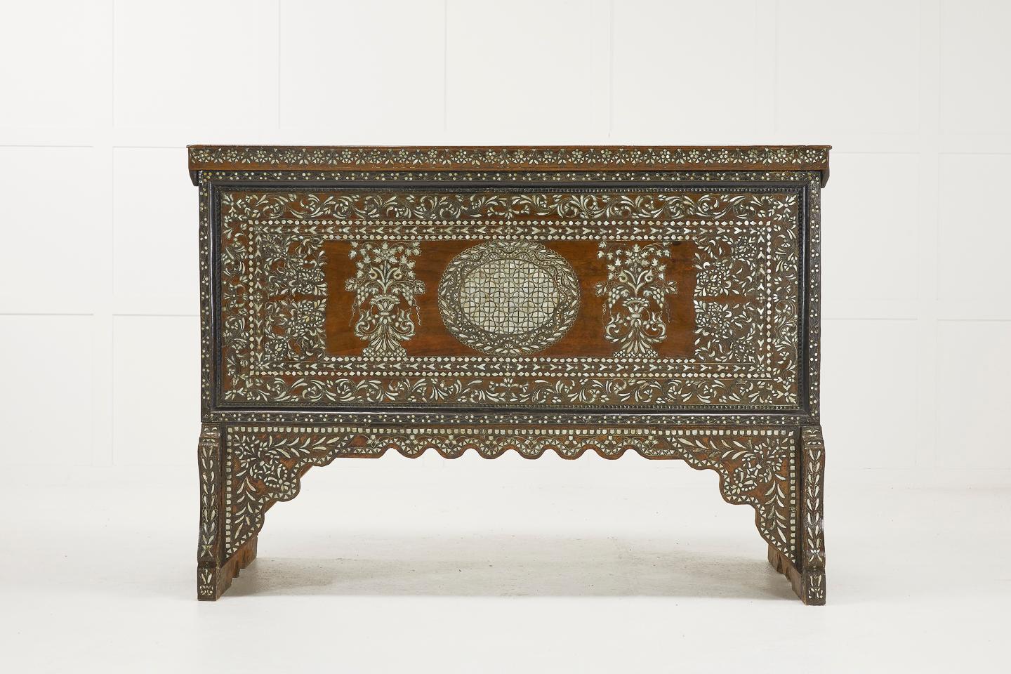 Impressive, grand scale 19th century Syrian dowry wedding chest, beautifully inlaid with mother of pearl and lead wire. A truly stunning example.