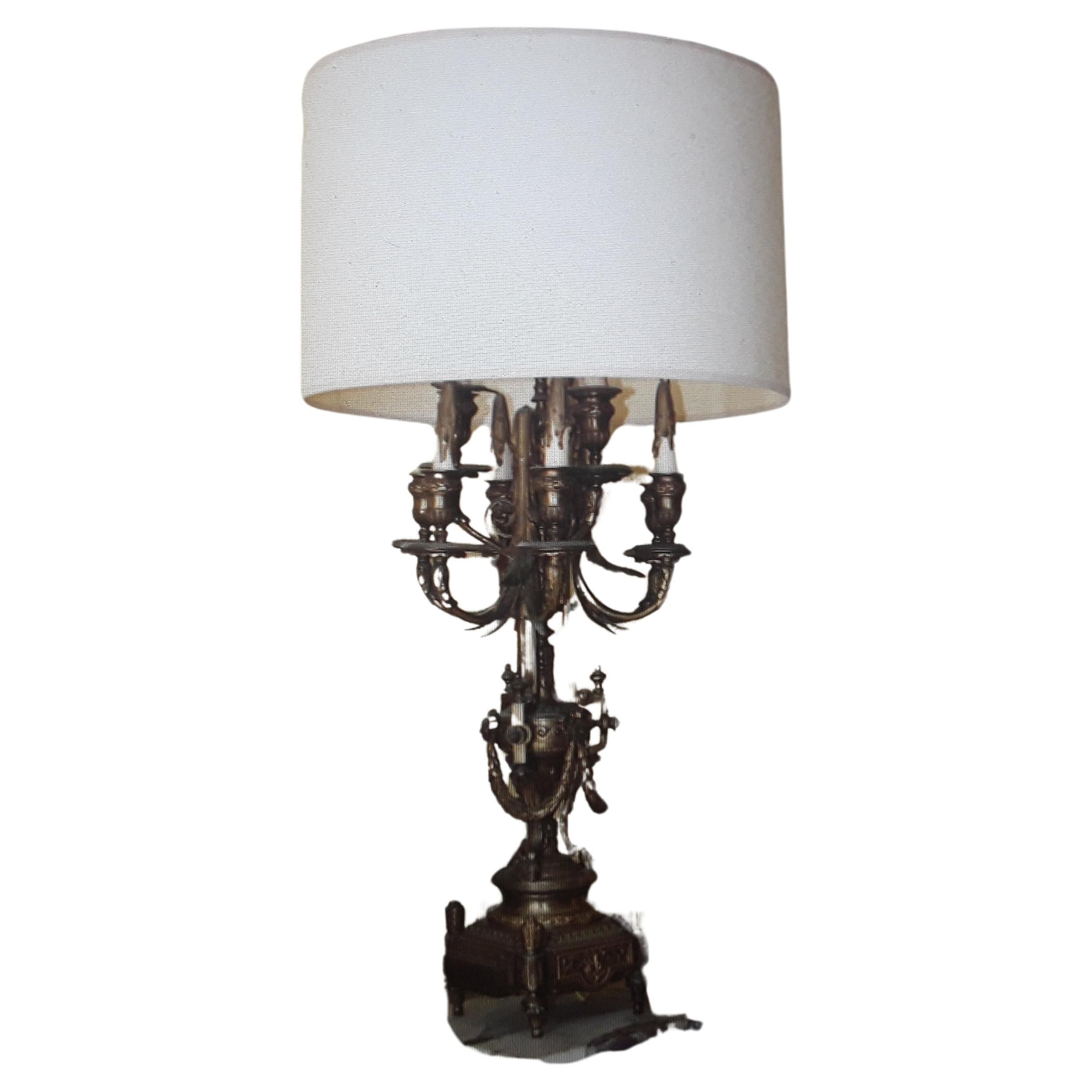c1880 French Neoclassical style 8 Light Table Lamp. This is a large, grand scale Gilt Bronze Lamp.Please look closely at pictures as they show the details. 7 out of 8 wood faux candles included. I would change the shade.