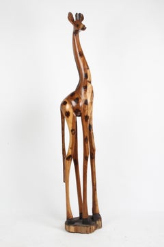 Scultura di Giraffa in Wood intagliata a mano su base in grande scala, circa anni '70