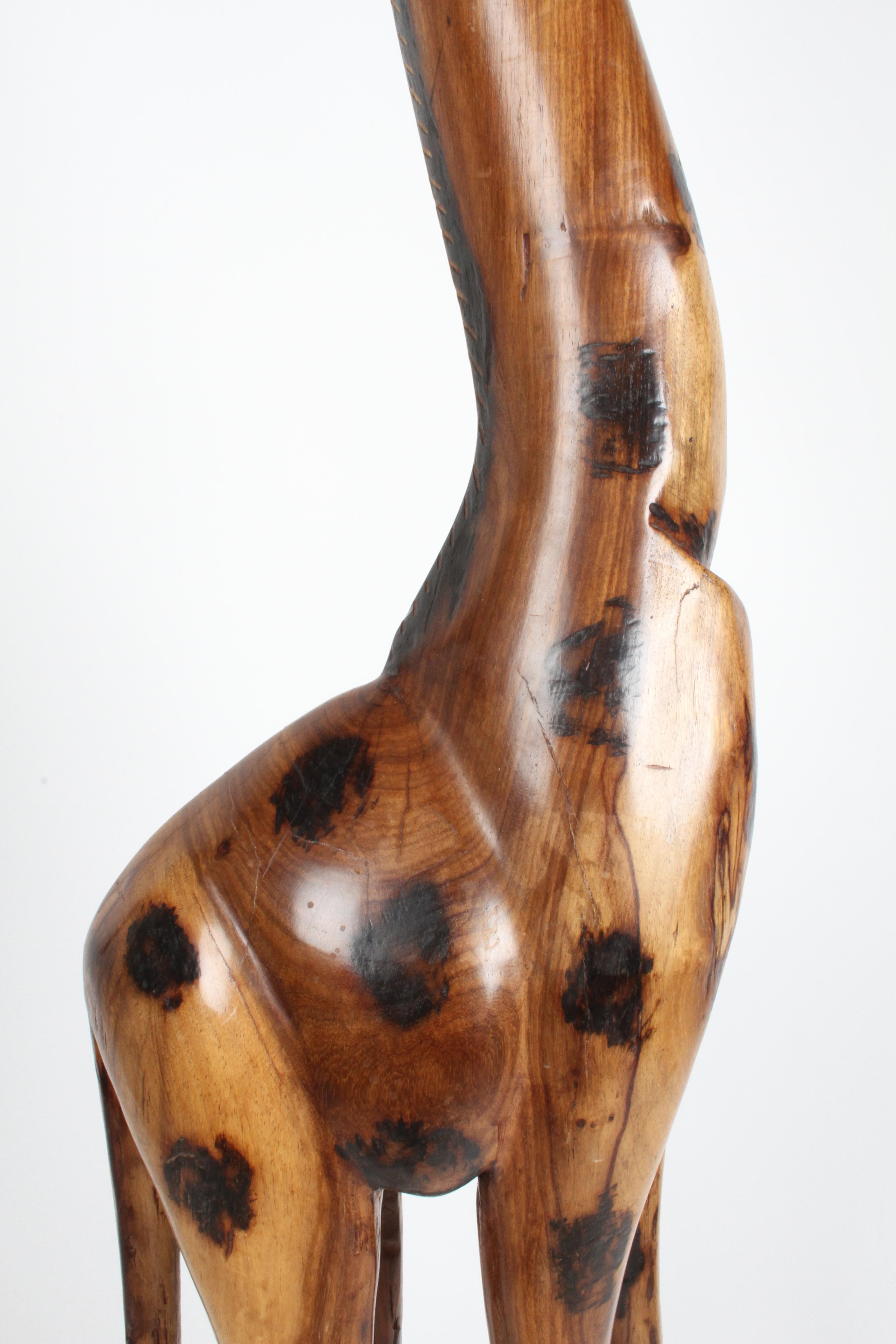 Folk Art Grand Scale Hand Carved Wood Giraffe Sculpture on Base circa 1970's For Sale
