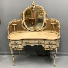 Grand Scale Antique Italian Paint and Bronze Gilt Dressing Table with Marble Top