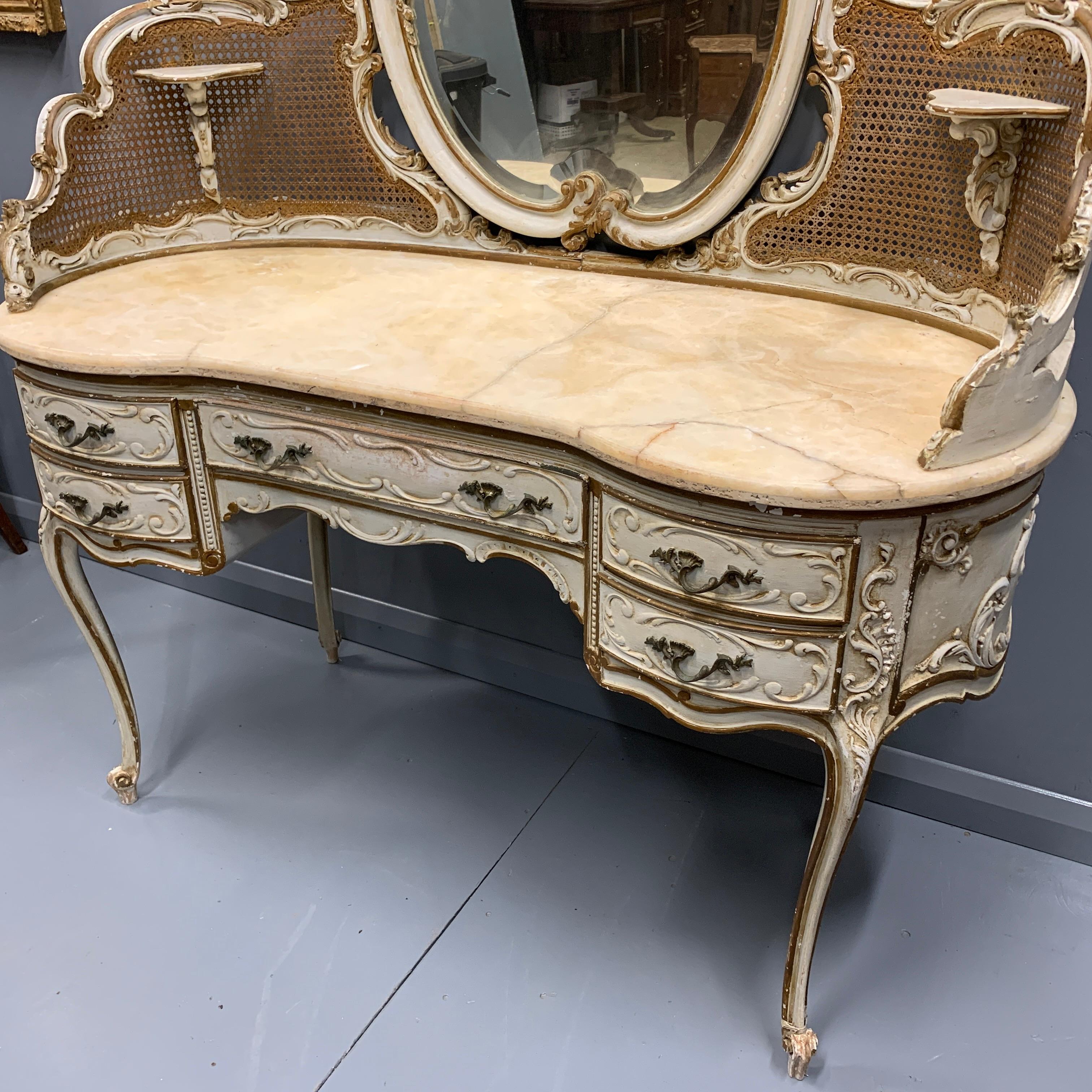 Rococo Revival Grand Scale Antique Italian Paint and Bronze Gilt Dressing Table with Marble Top For Sale