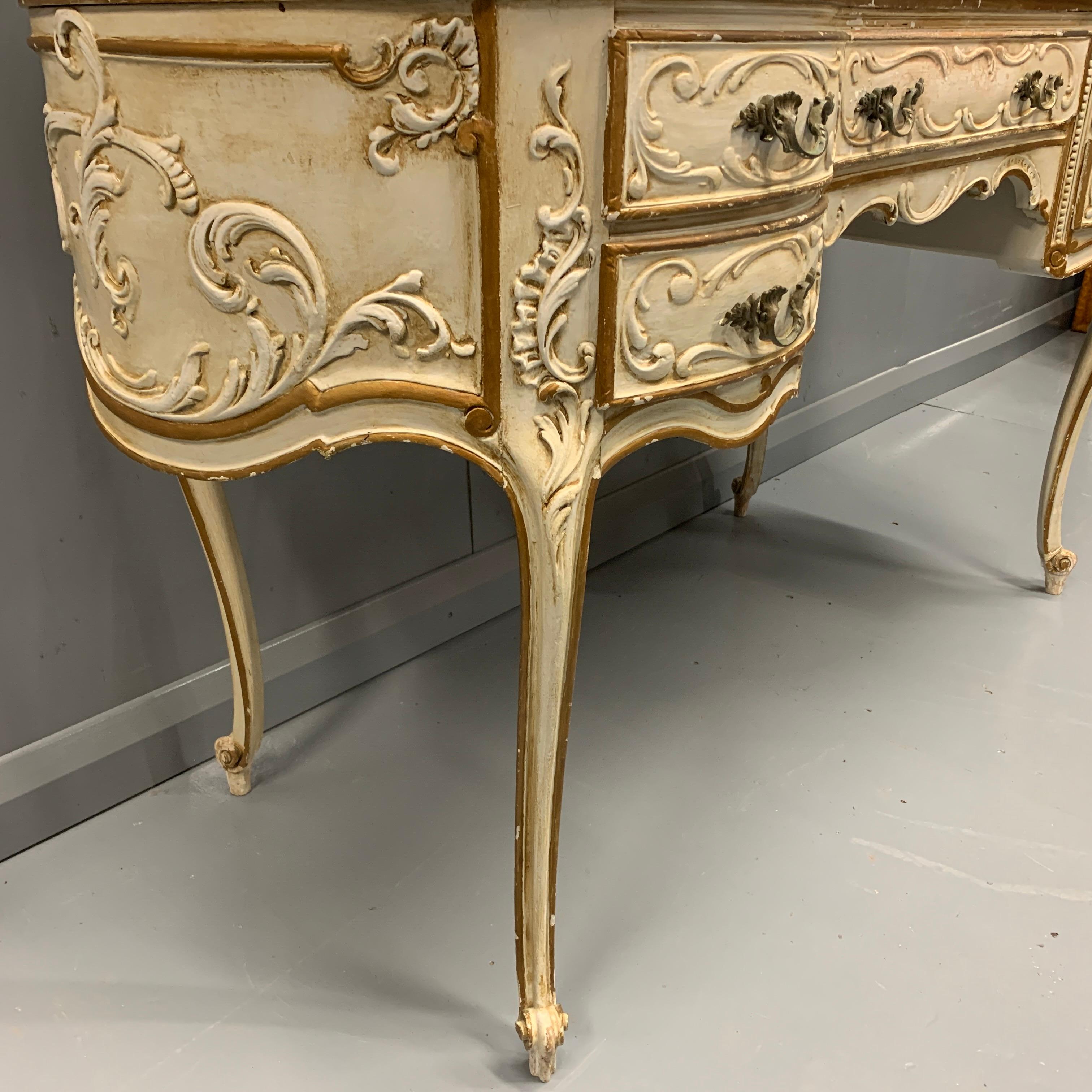Hand-Painted Grand Scale Antique Italian Paint and Bronze Gilt Dressing Table with Marble Top For Sale